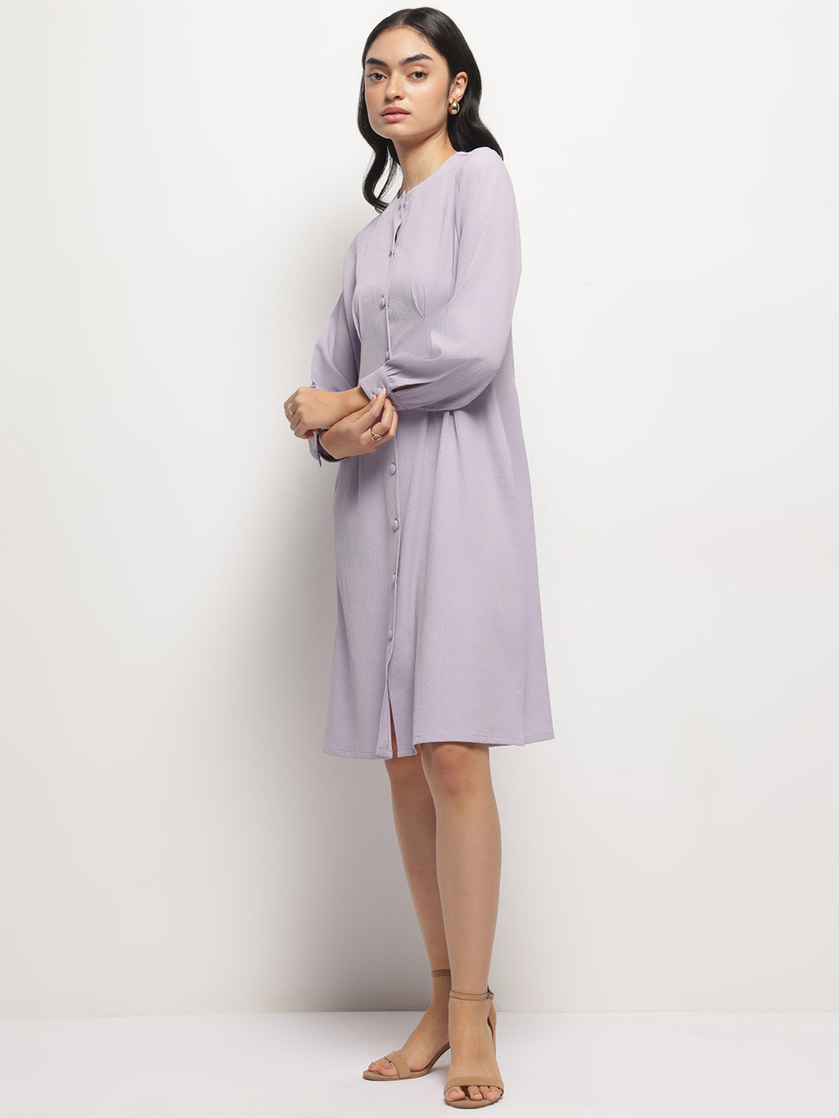 Mauve Vintage A-line Buttons O-Neck Dress