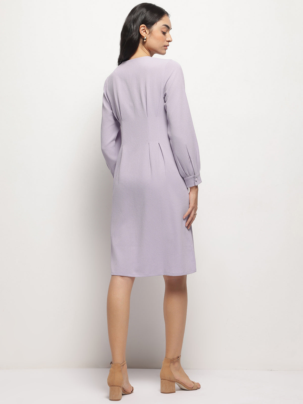 Mauve Vintage A-line Buttons O-Neck Dress