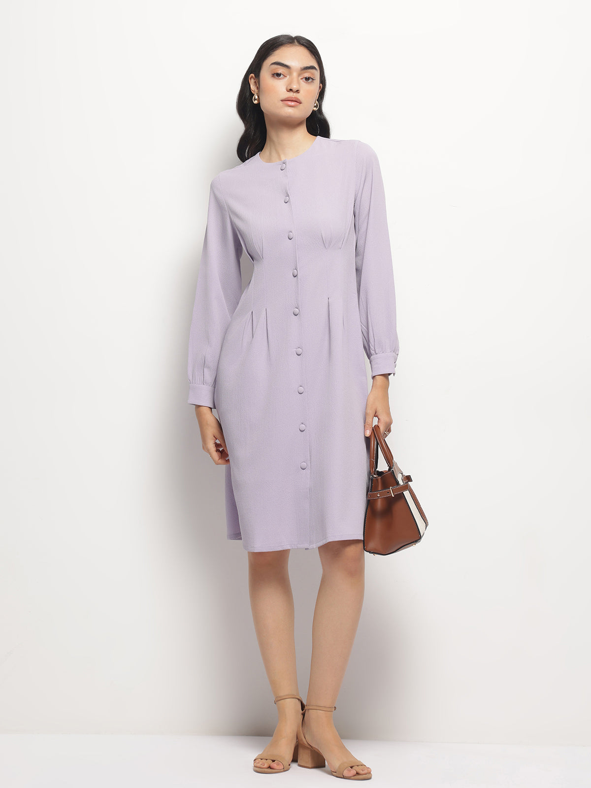 Mauve Vintage A-line Buttons O-Neck Dress