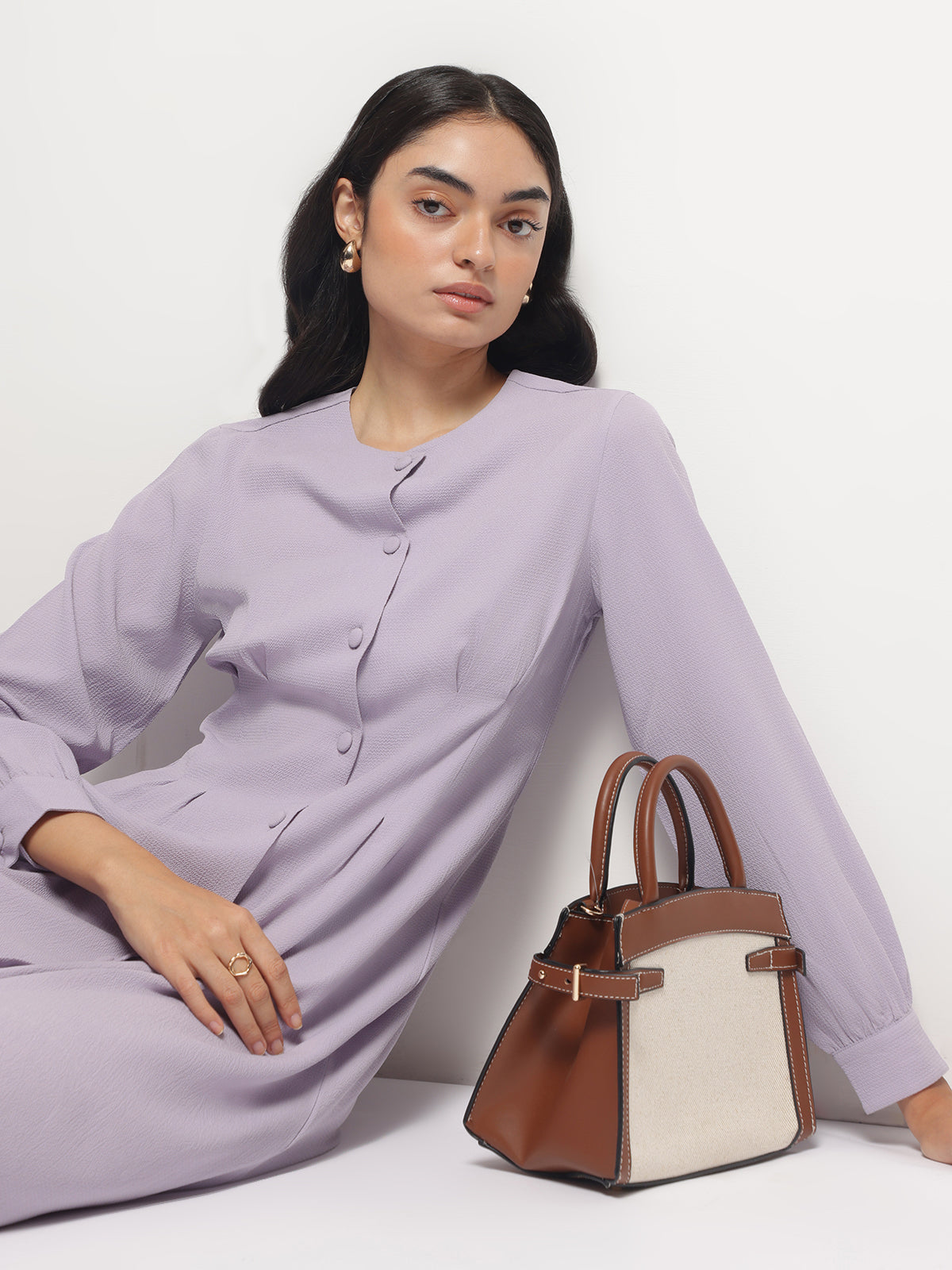 Mauve Vintage A-line Buttons O-Neck Dress