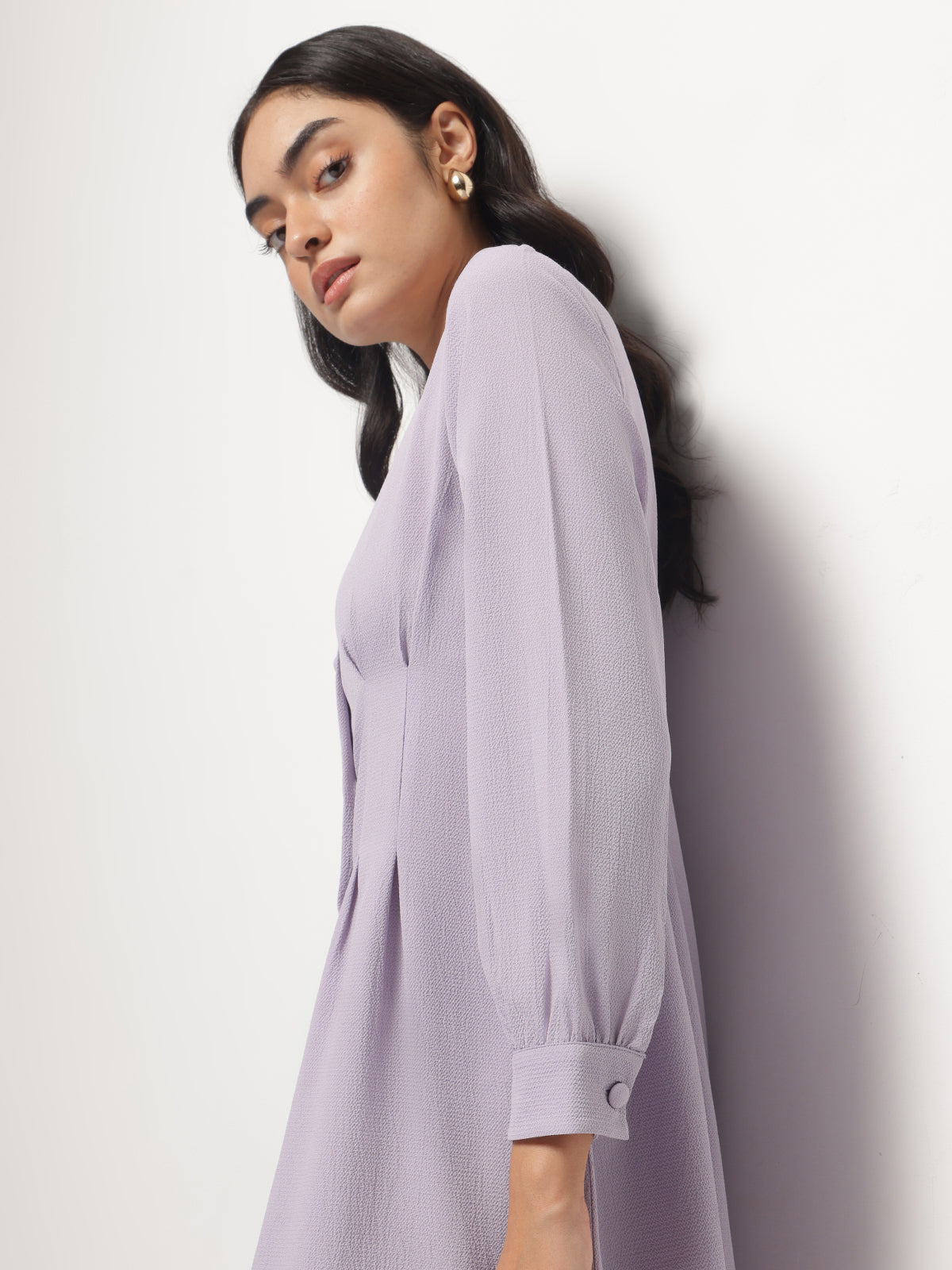 Mauve Vintage A-line Buttons O-Neck Dress