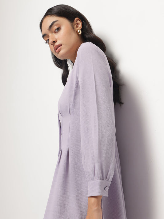 Mauve Vintage A-line Buttons O-Neck Dress