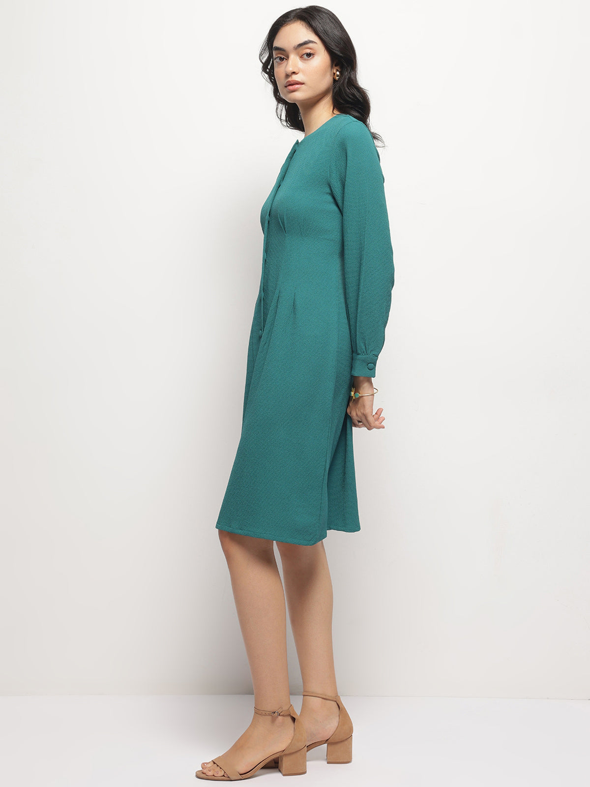 Teal Vintage A-line Buttons O-Neck Dress