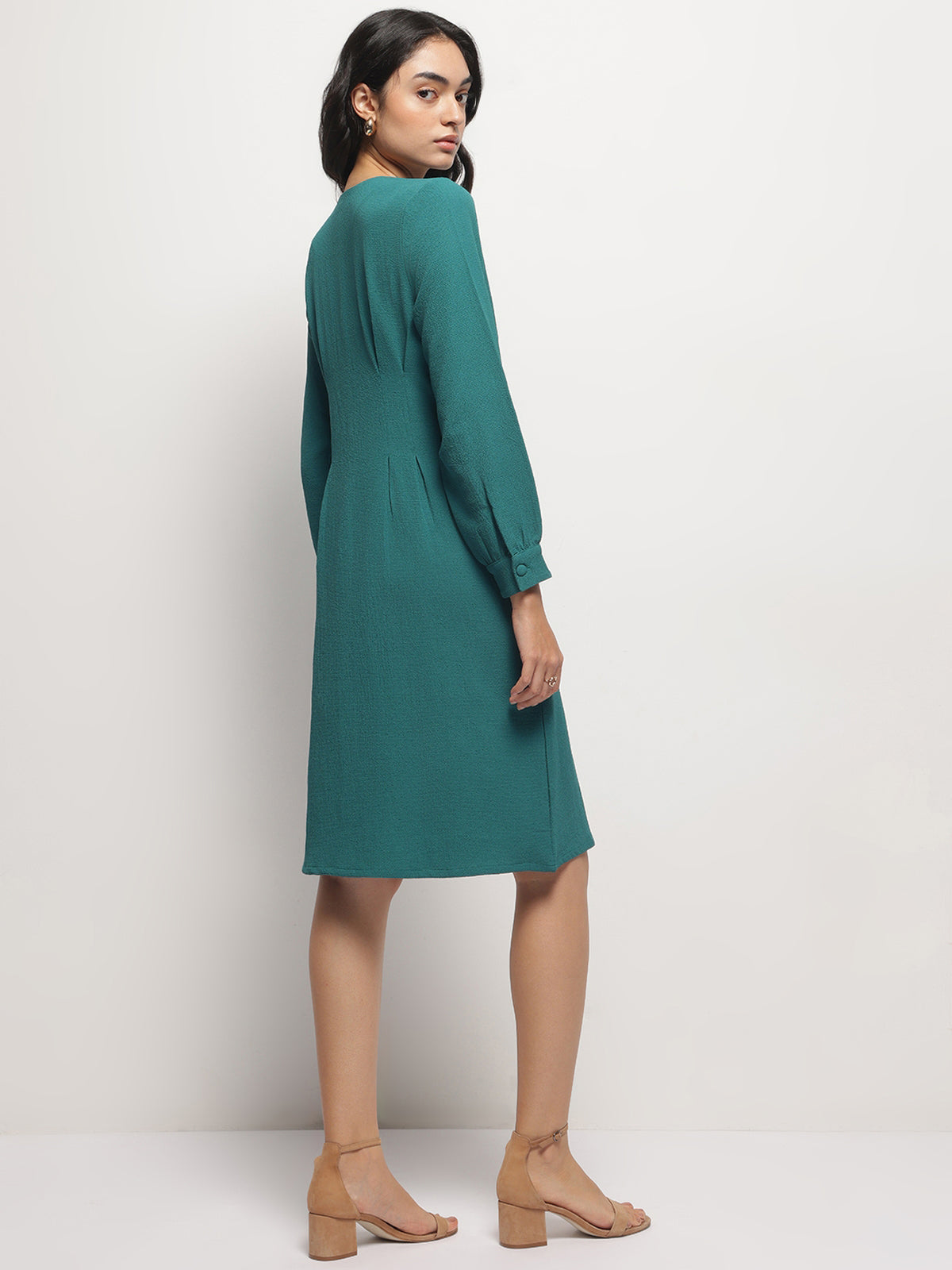 Teal Vintage A-line Buttons O-Neck Dress