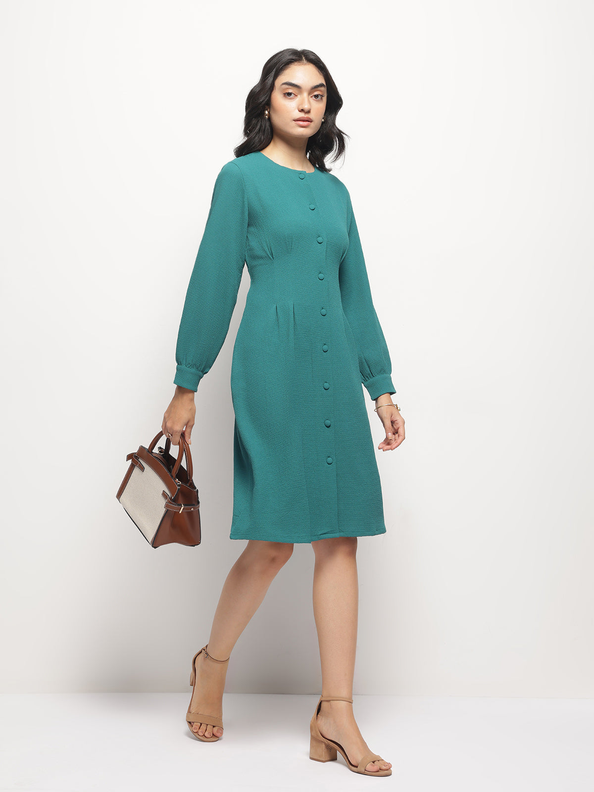 Teal Vintage A-line Buttons O-Neck Dress
