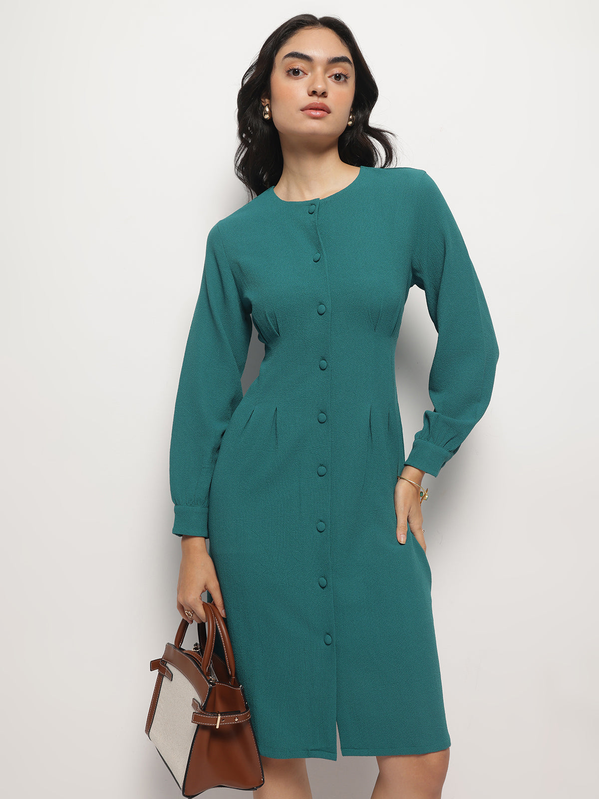 Teal Vintage A-line Buttons O-Neck Dress