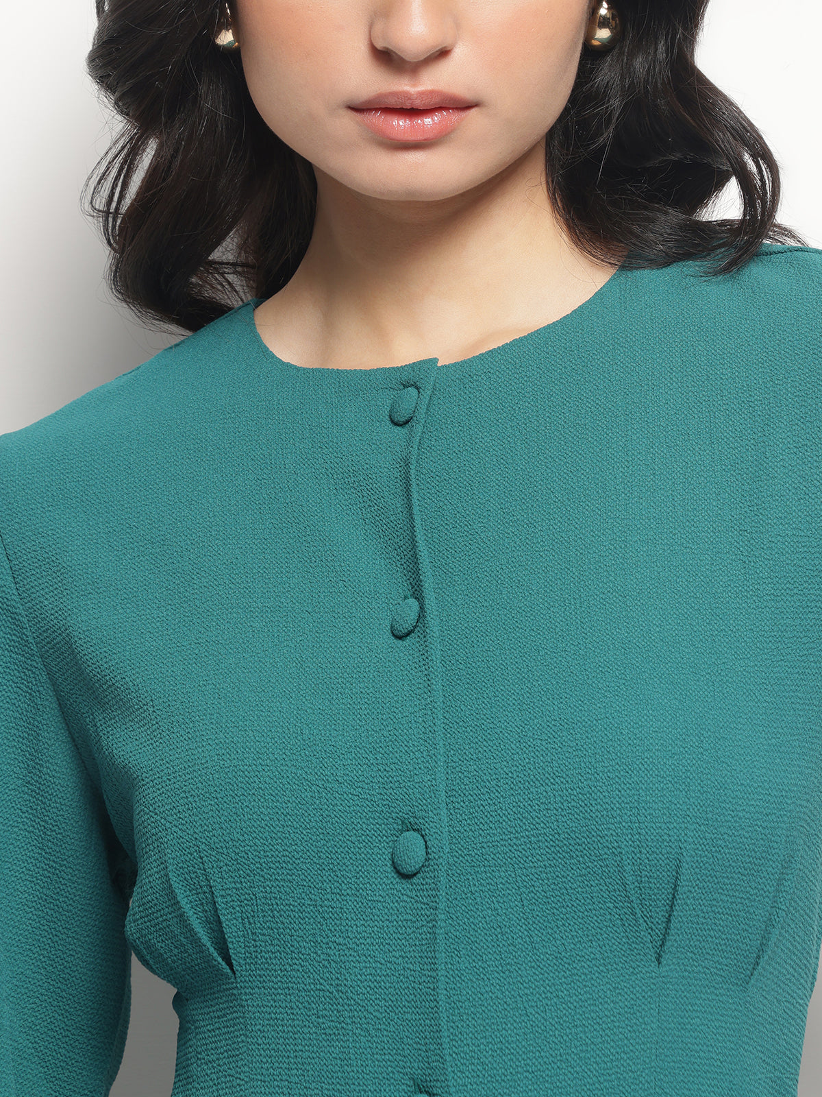 Teal Vintage A-line Buttons O-Neck Dress