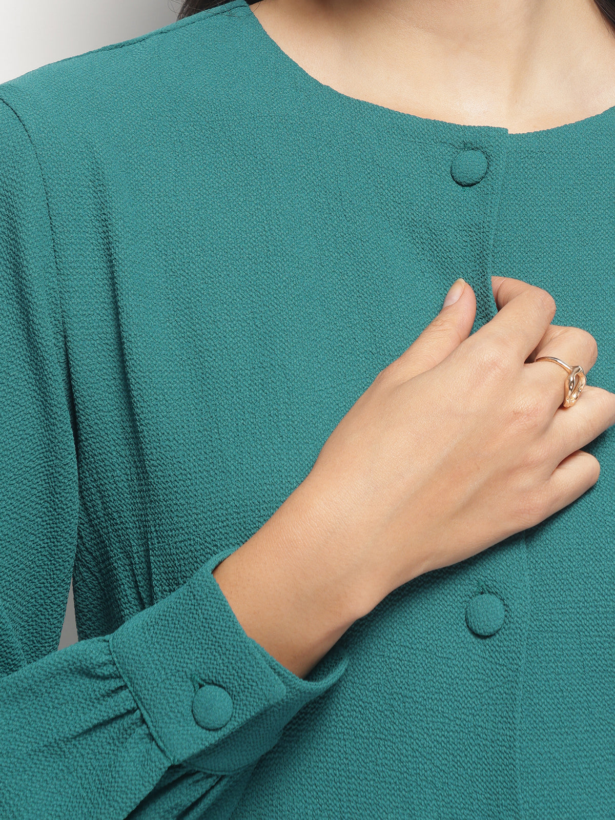 Teal Vintage A-line Buttons O-Neck Dress