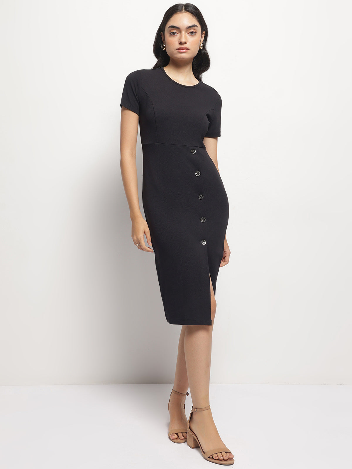 Black Front Slit Bodycon Dress