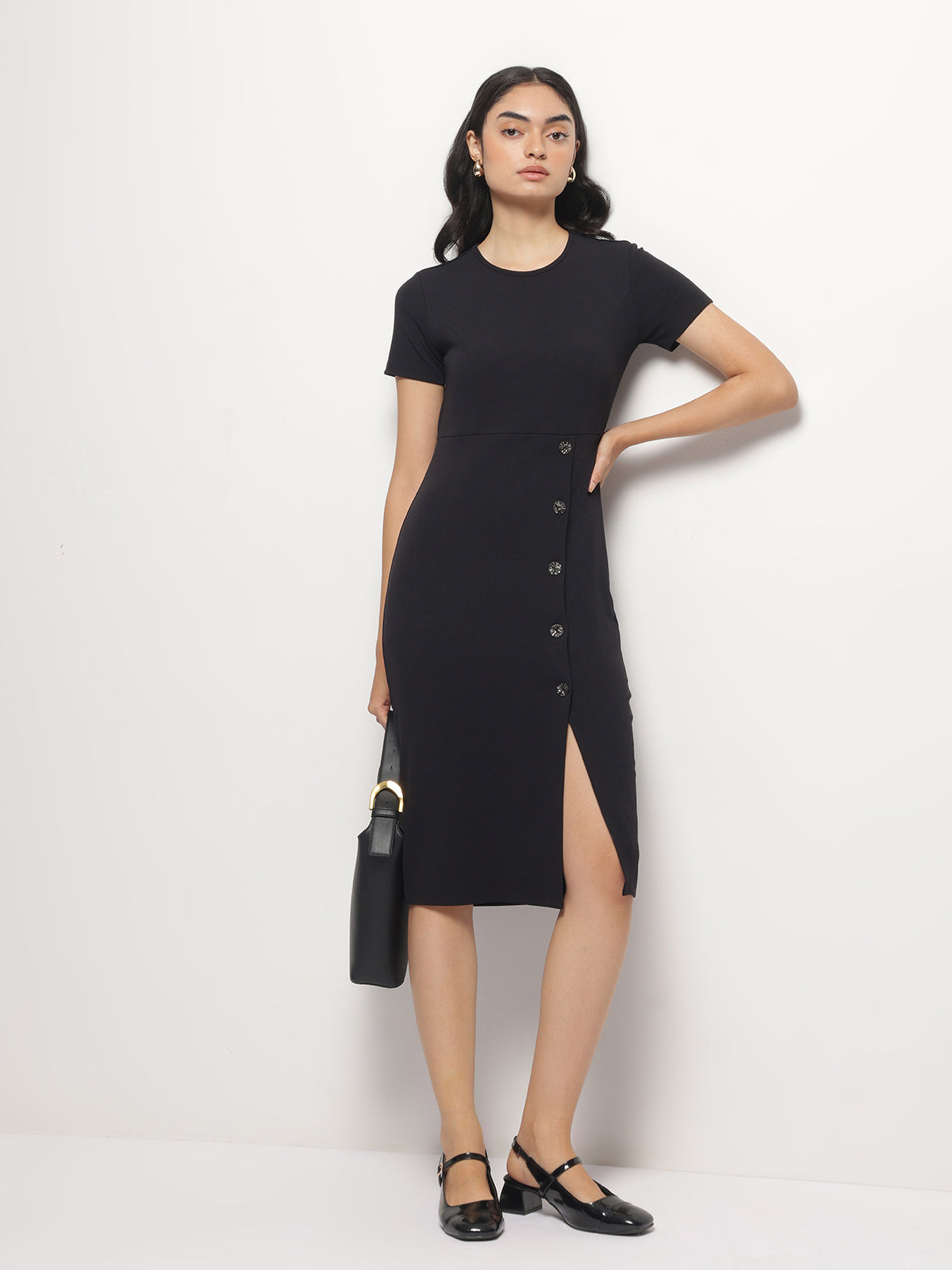 Black Front Slit Bodycon Dress