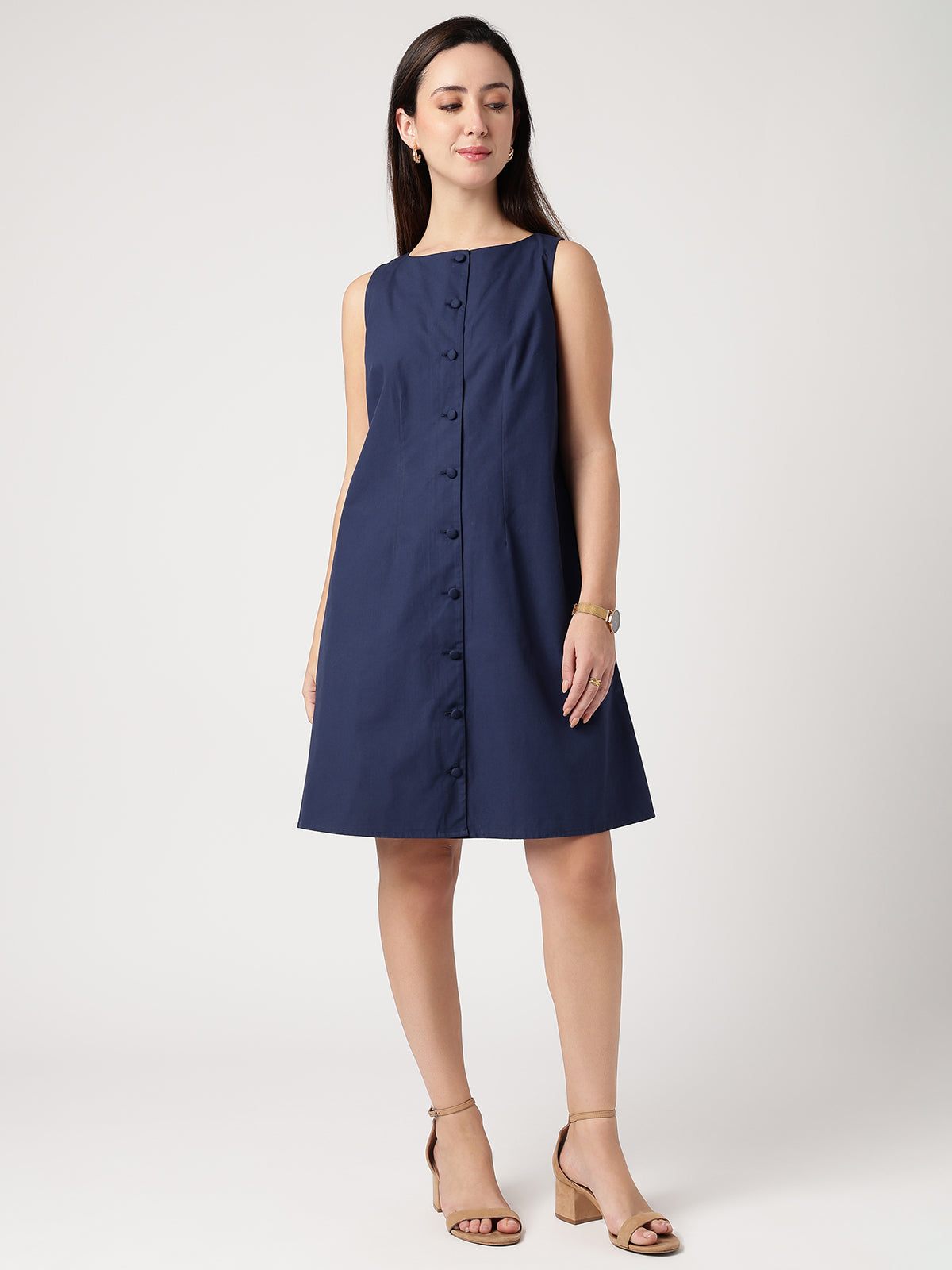 Serene 100% Cotton Navy Buttoned Dress