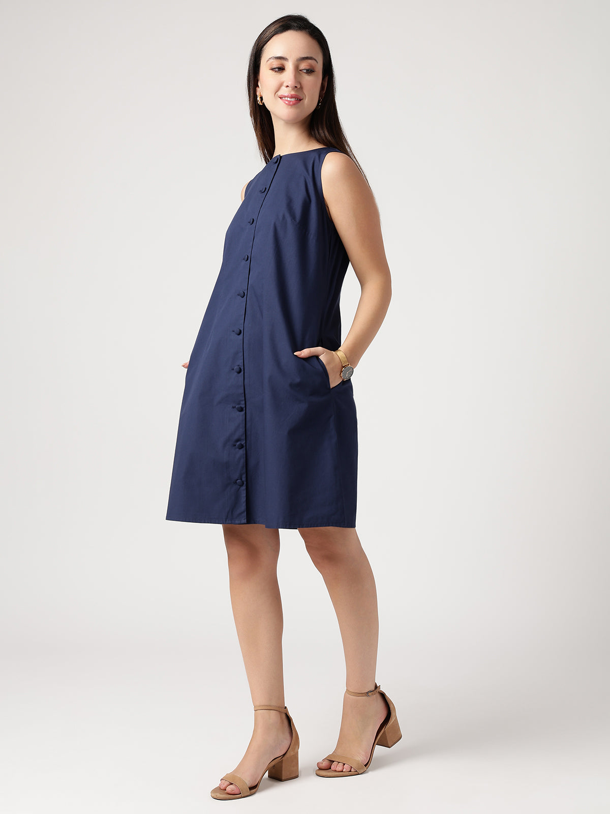 Serene 100% Cotton Navy Buttoned Dress