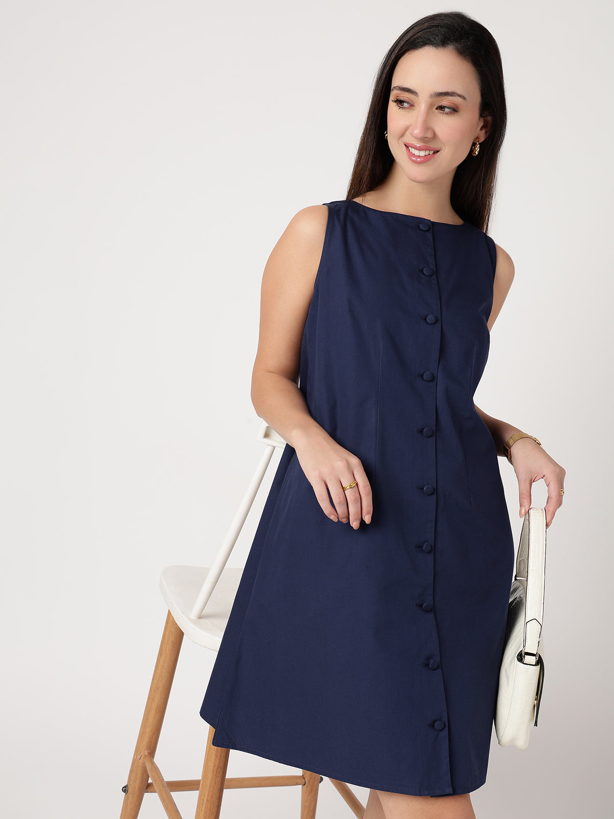 Serene 100% Cotton Navy Buttoned Dress