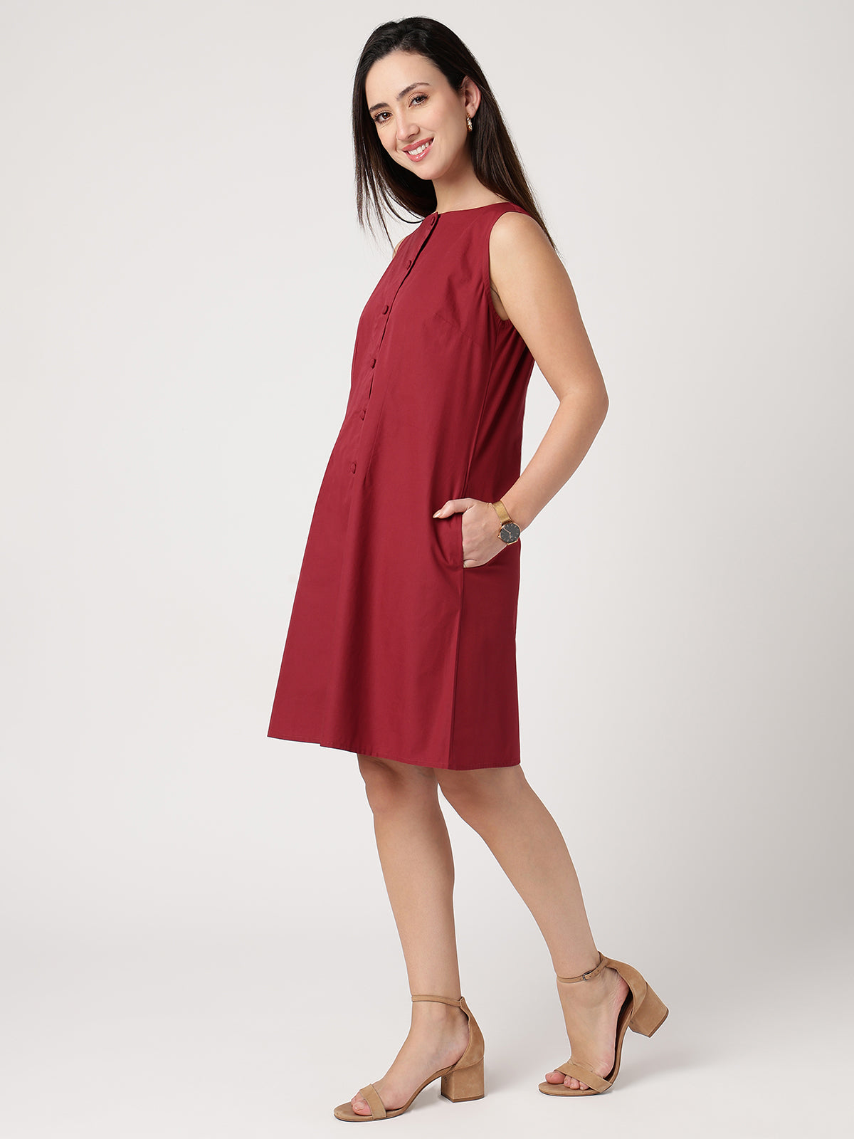 Serene 100% Cotton Maroon Buttoned Dress