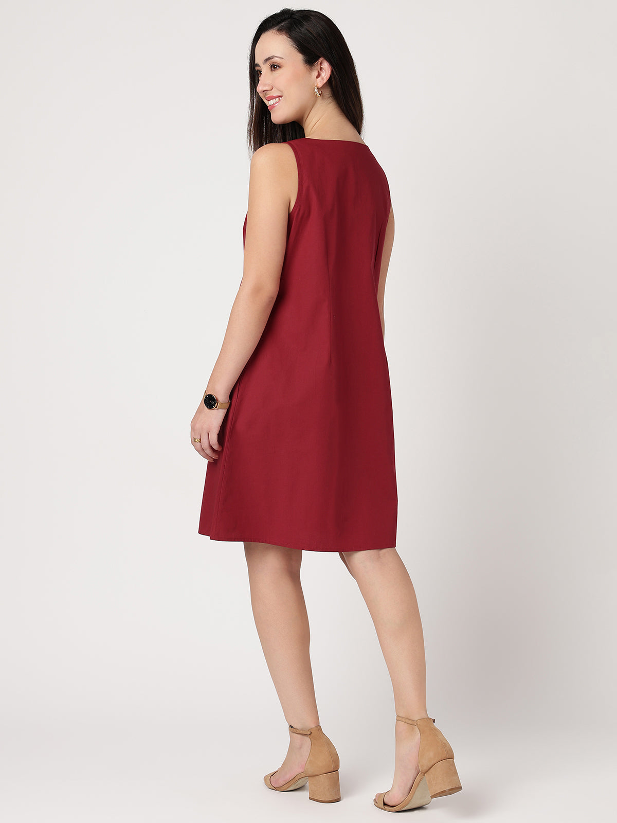 Serene 100% Cotton Maroon Buttoned Dress