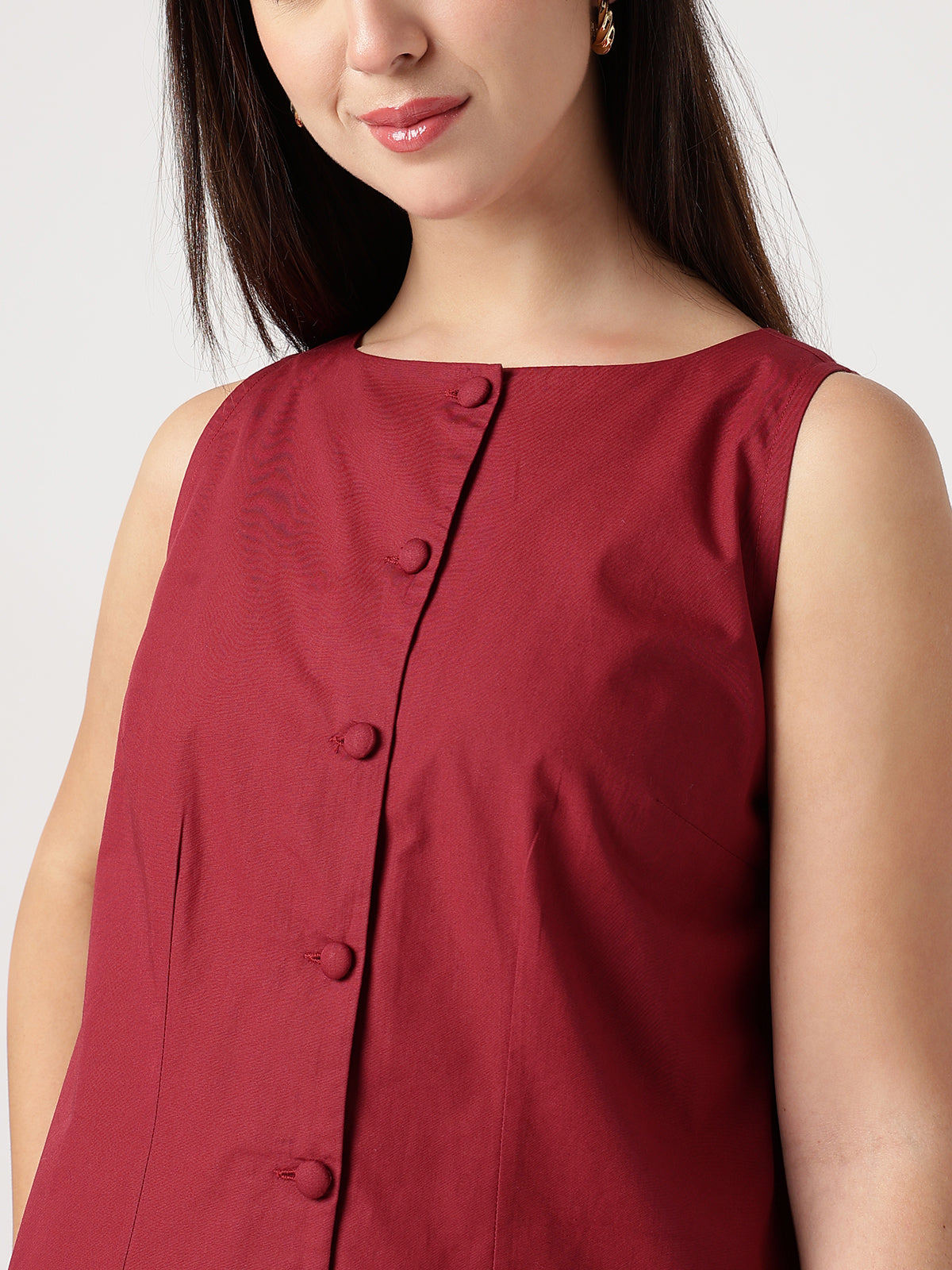 Serene 100% Cotton Maroon Buttoned Dress