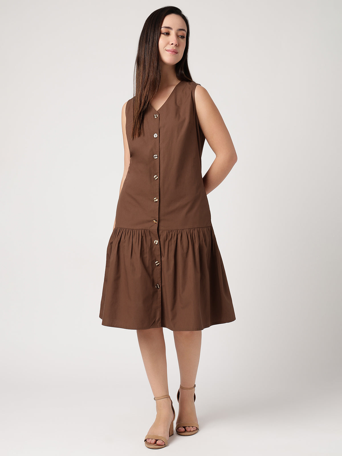 Brown Poplin Gathered Dress