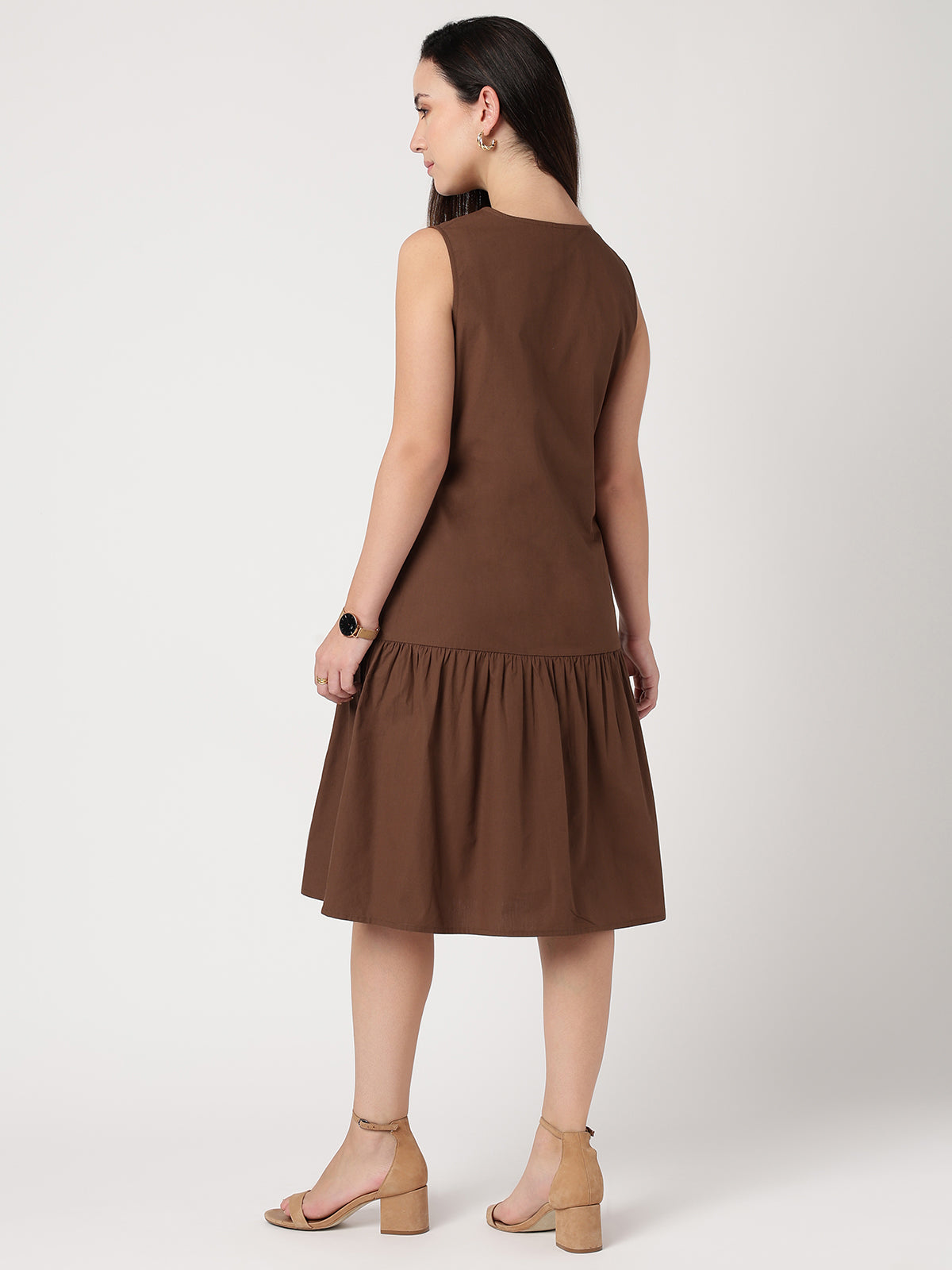 Brown Poplin Gathered Dress