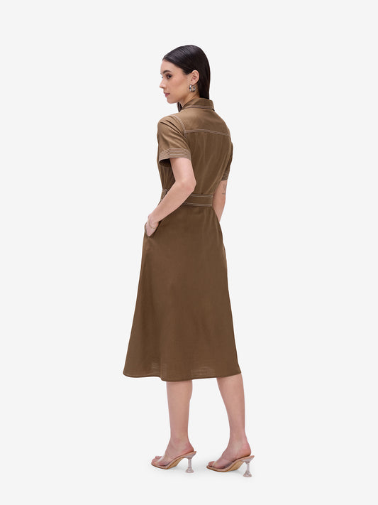 Brown Belted Shirt Dress