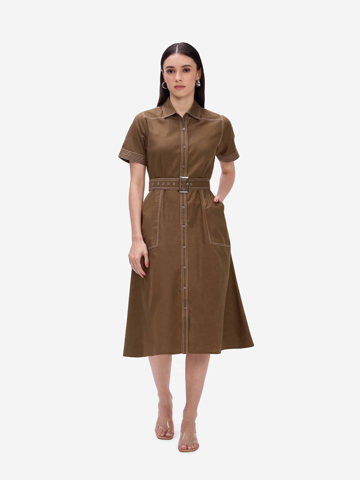 Brown Belted Shirt Dress