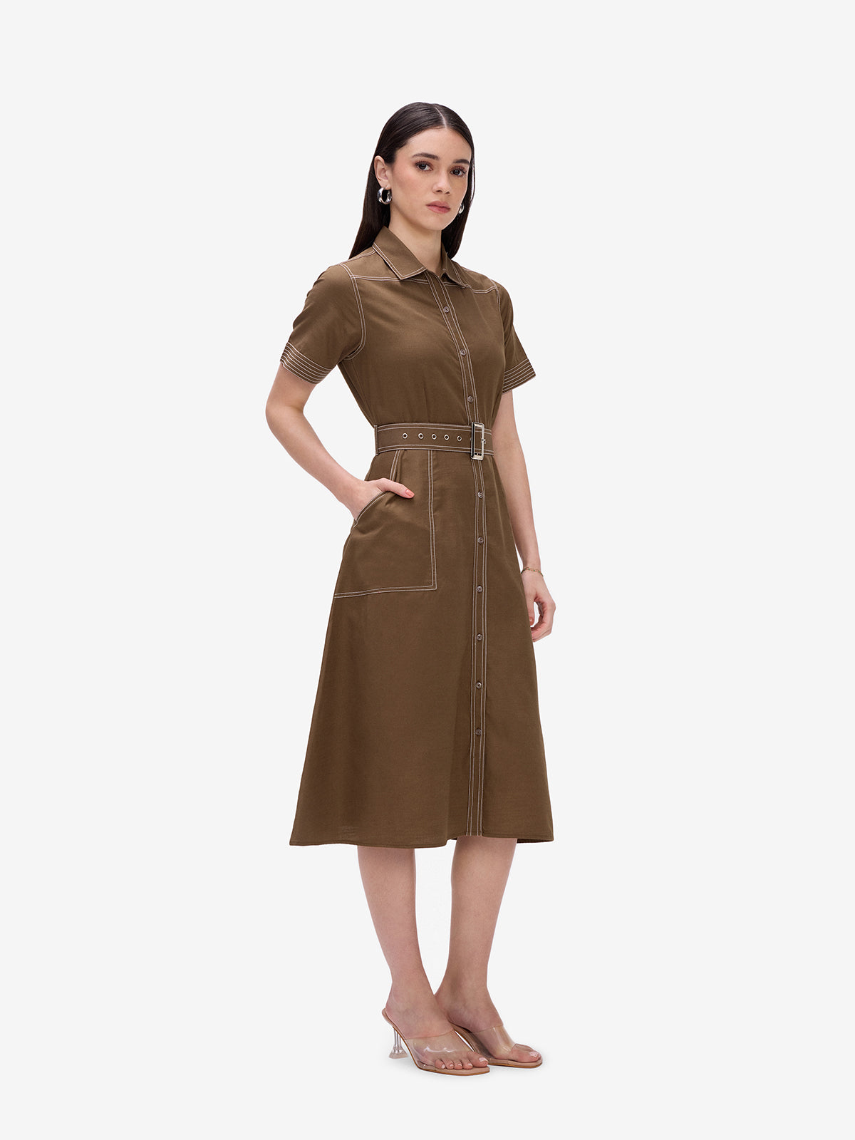 Brown Belted Shirt Dress