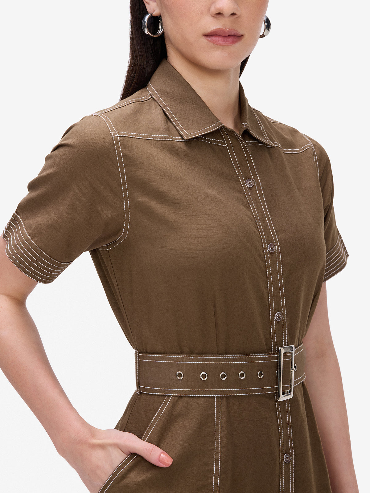 Brown Belted Shirt Dress