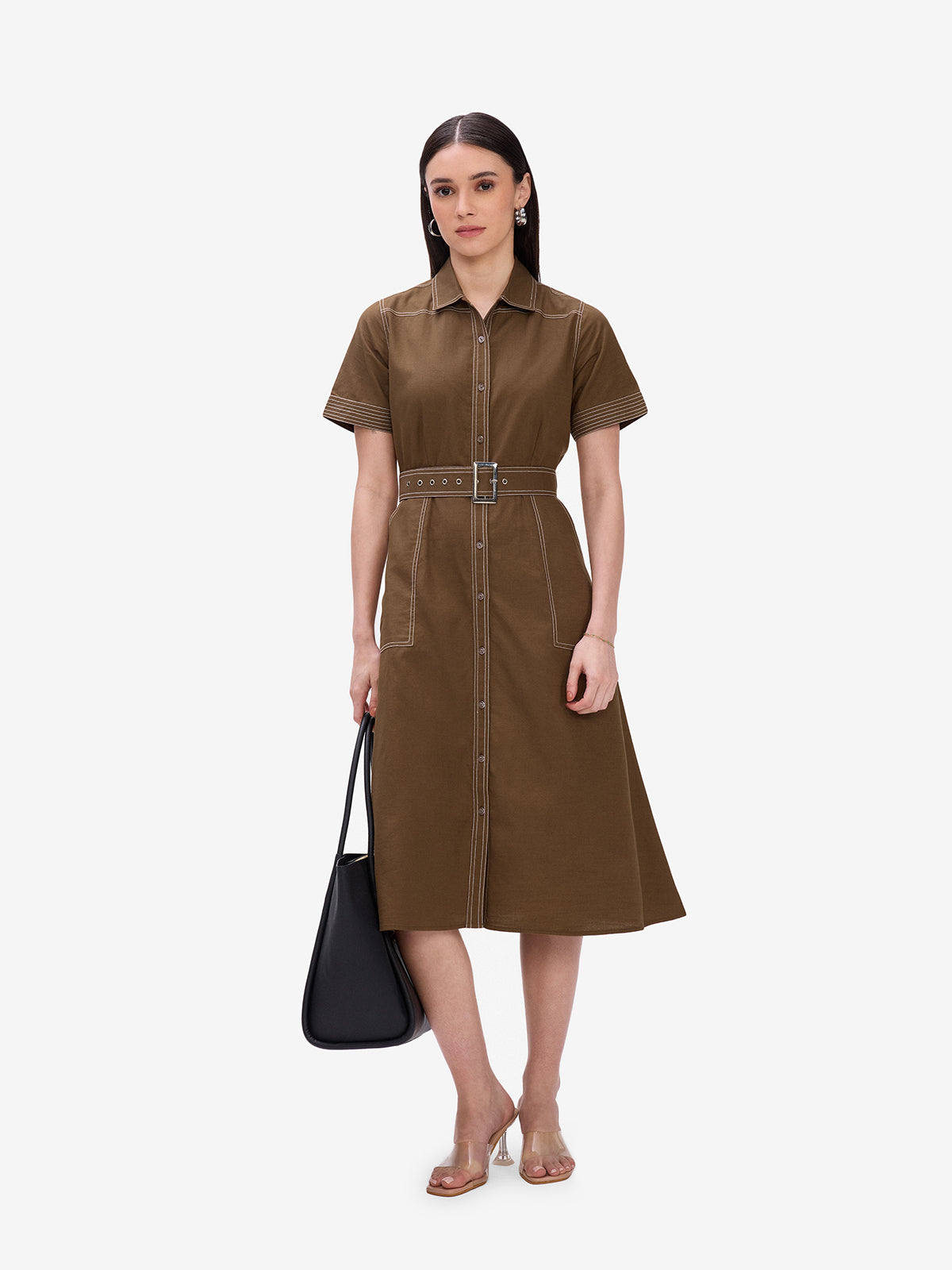 Brown Belted Shirt Dress