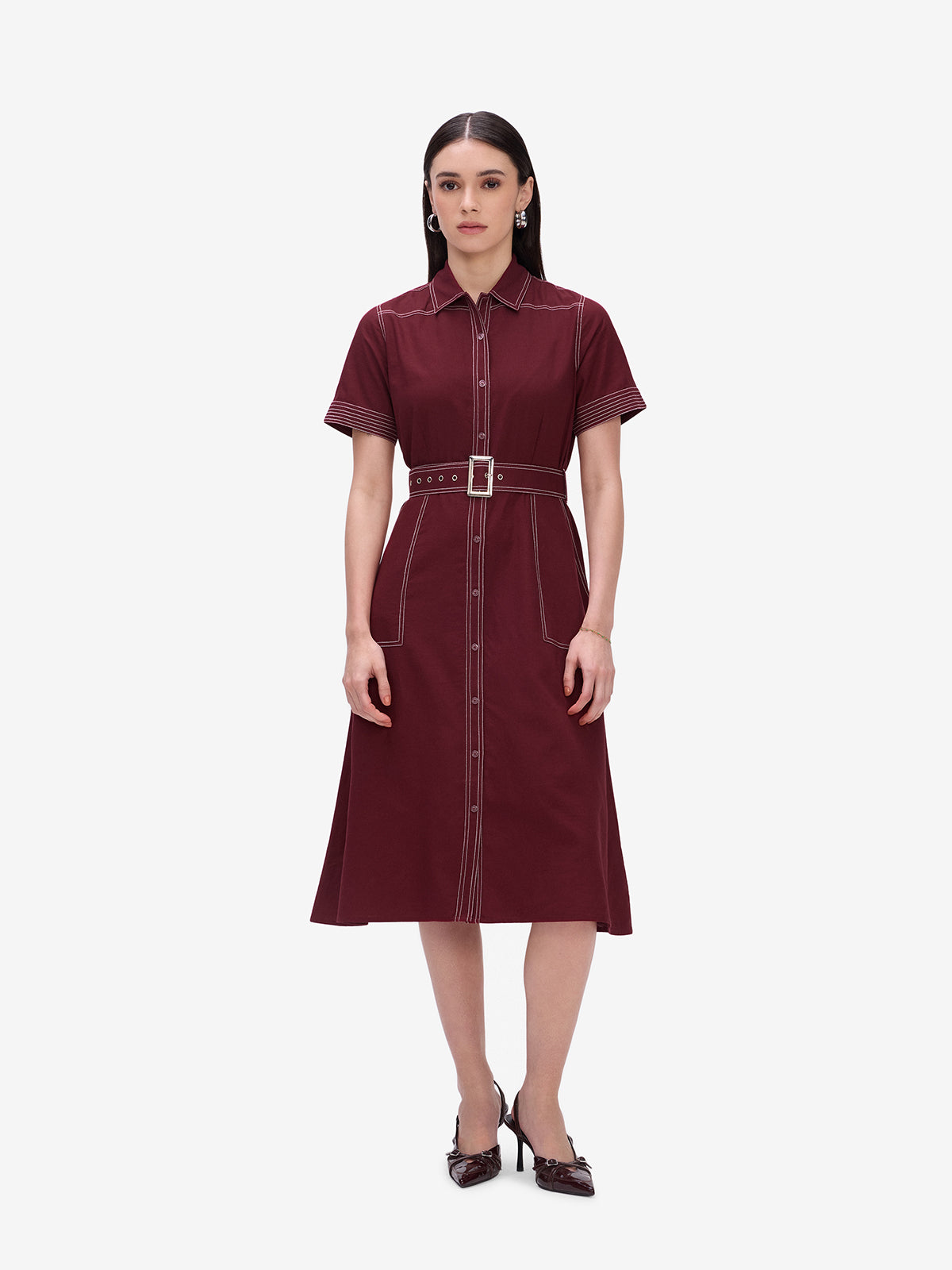 Maroon Belted Shirt Dress