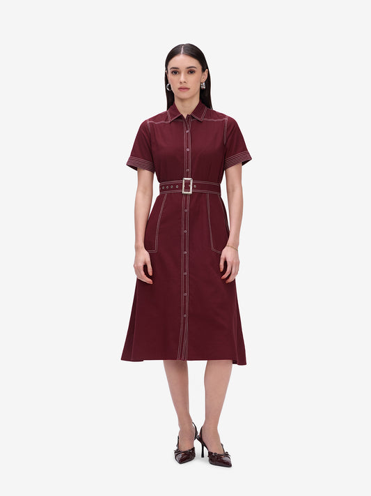 Maroon Belted Shirt Dress