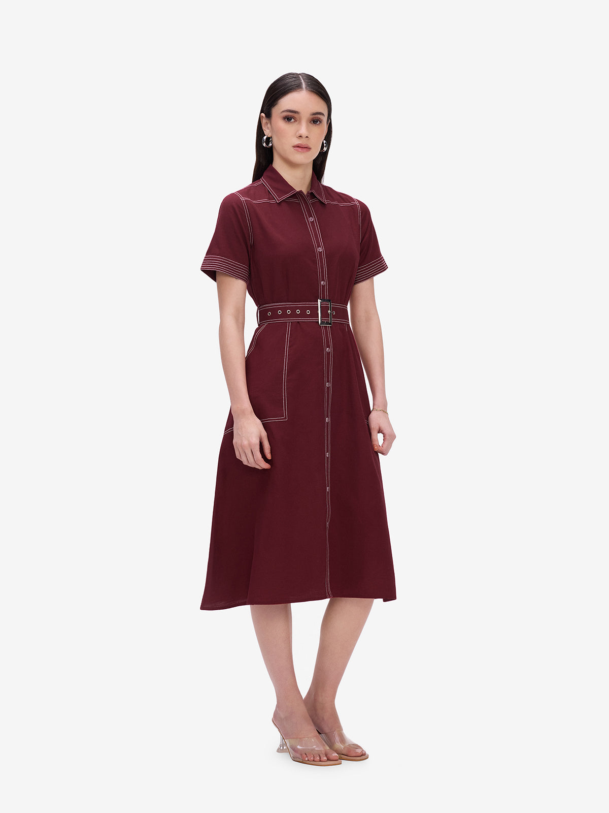 Maroon Belted Shirt Dress