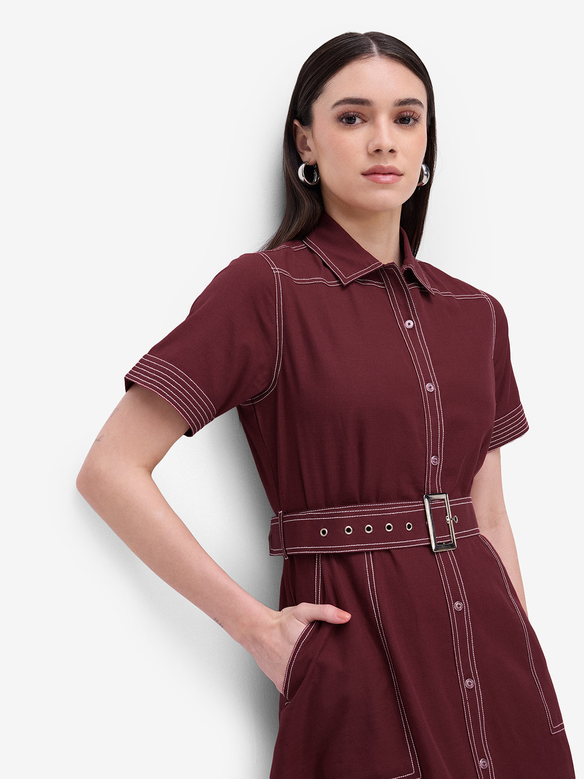 Maroon Belted Shirt Dress