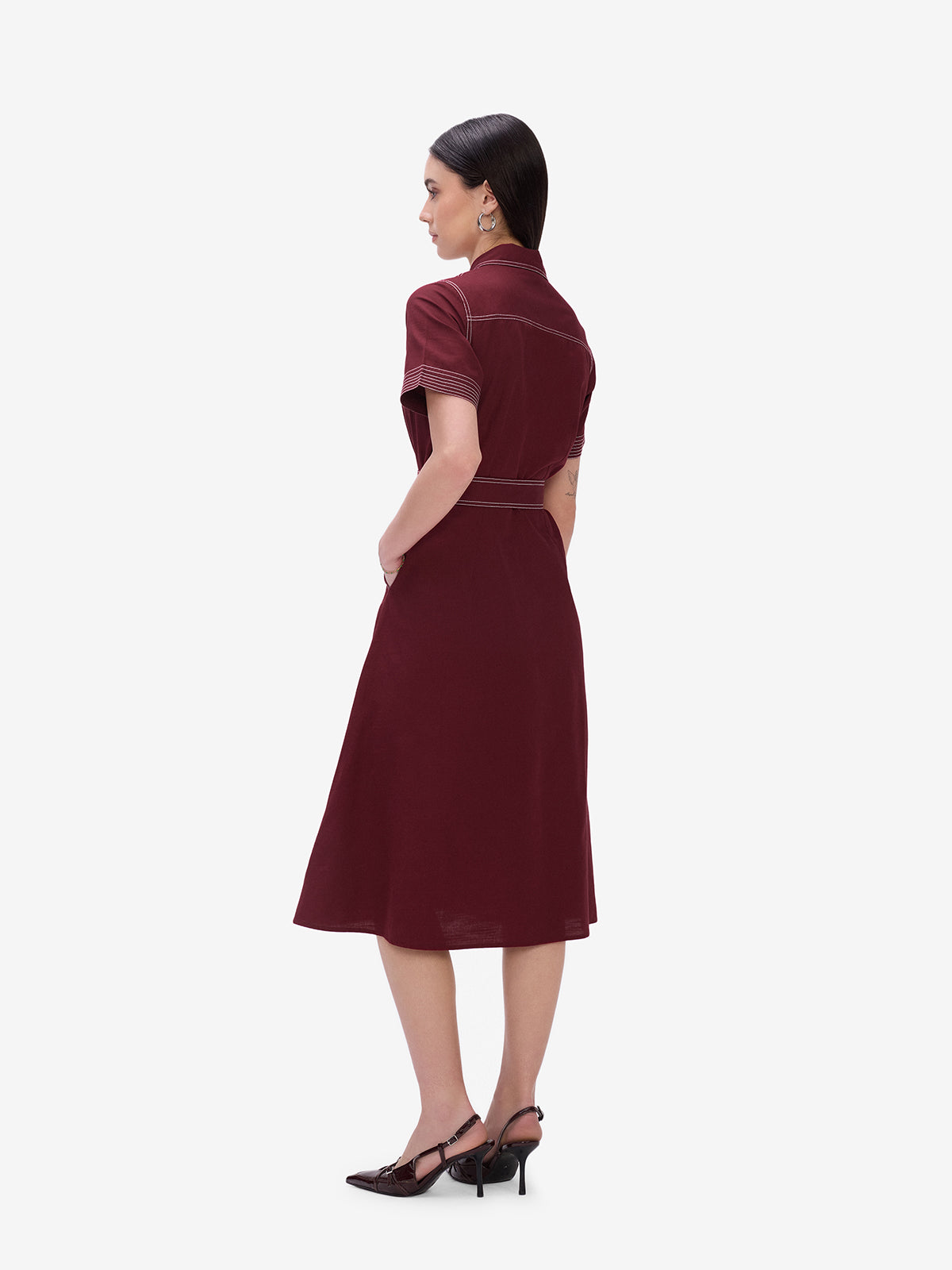 Maroon Belted Shirt Dress