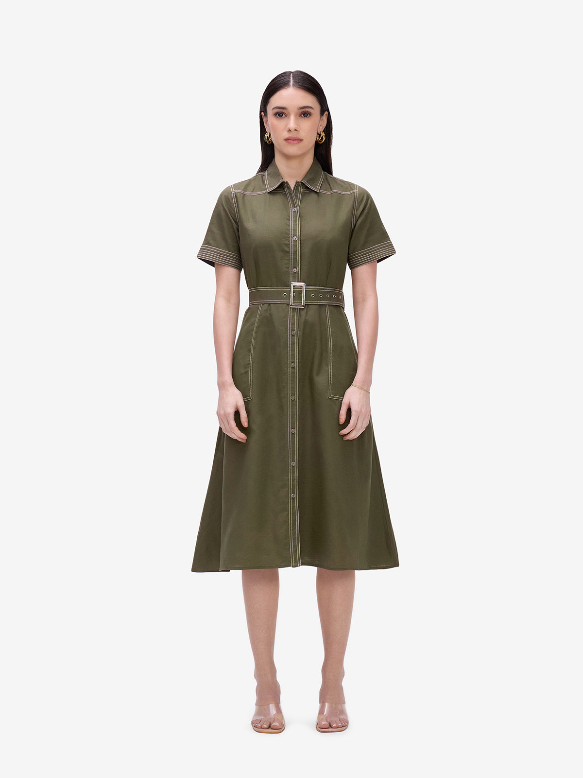Olive Belted Shirt Dress