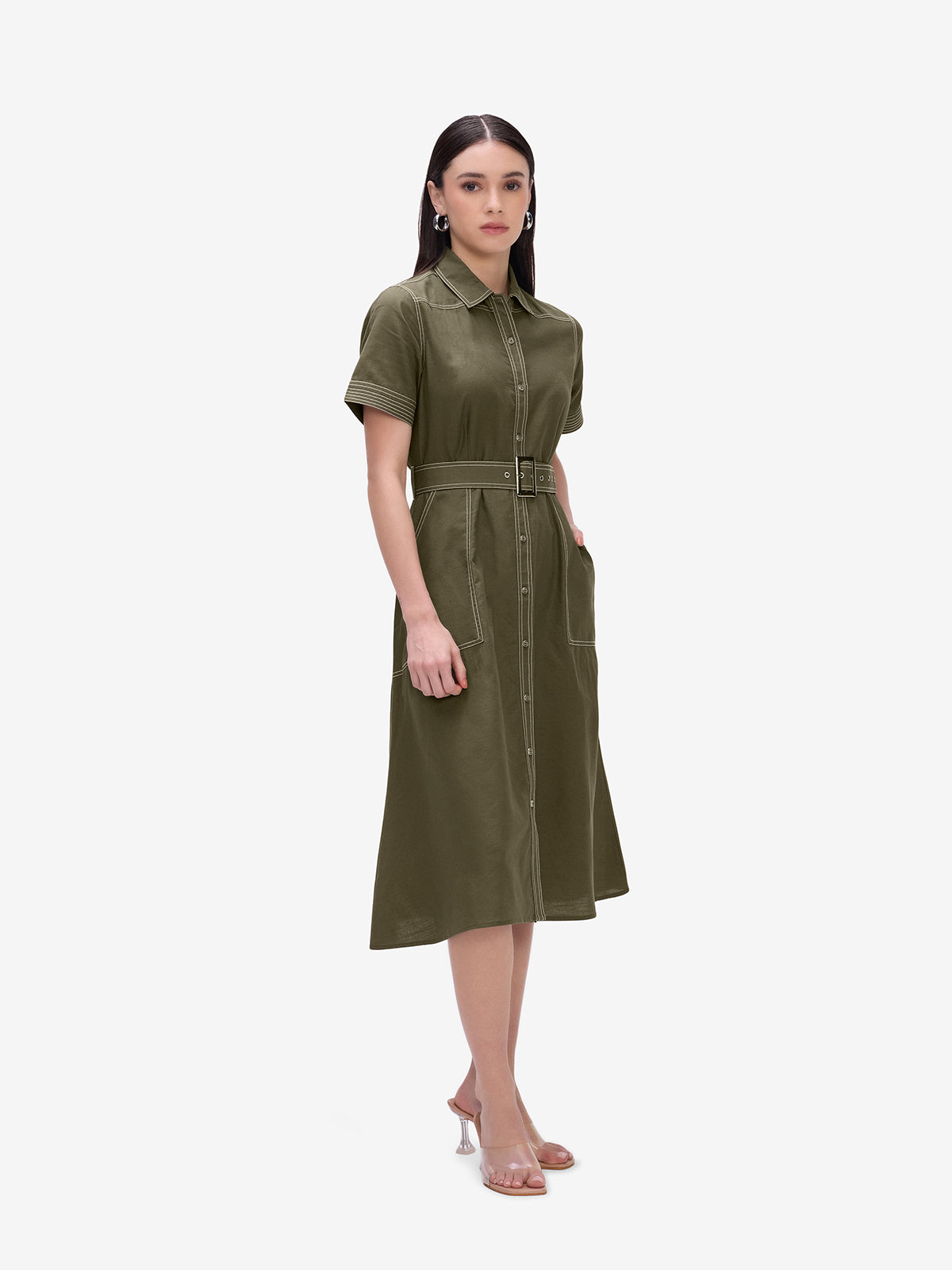 Olive Belted Shirt Dress