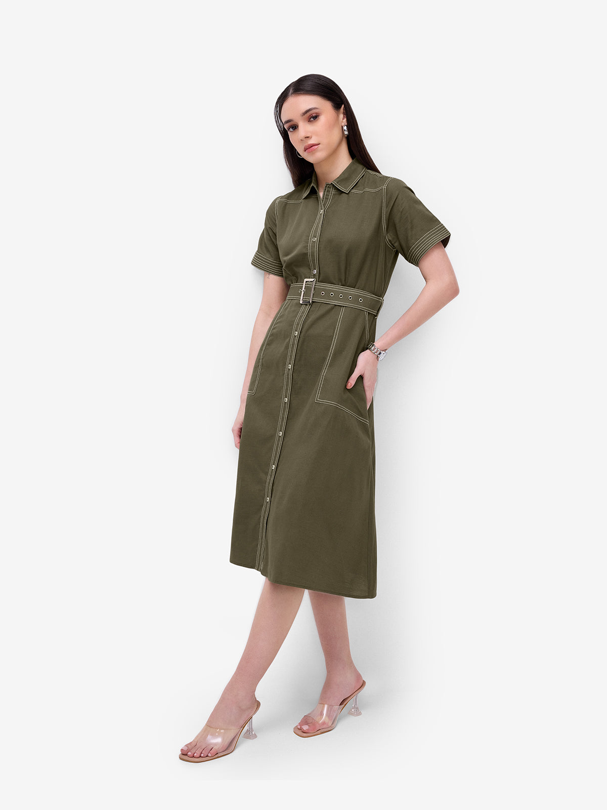 Olive Belted Shirt Dress