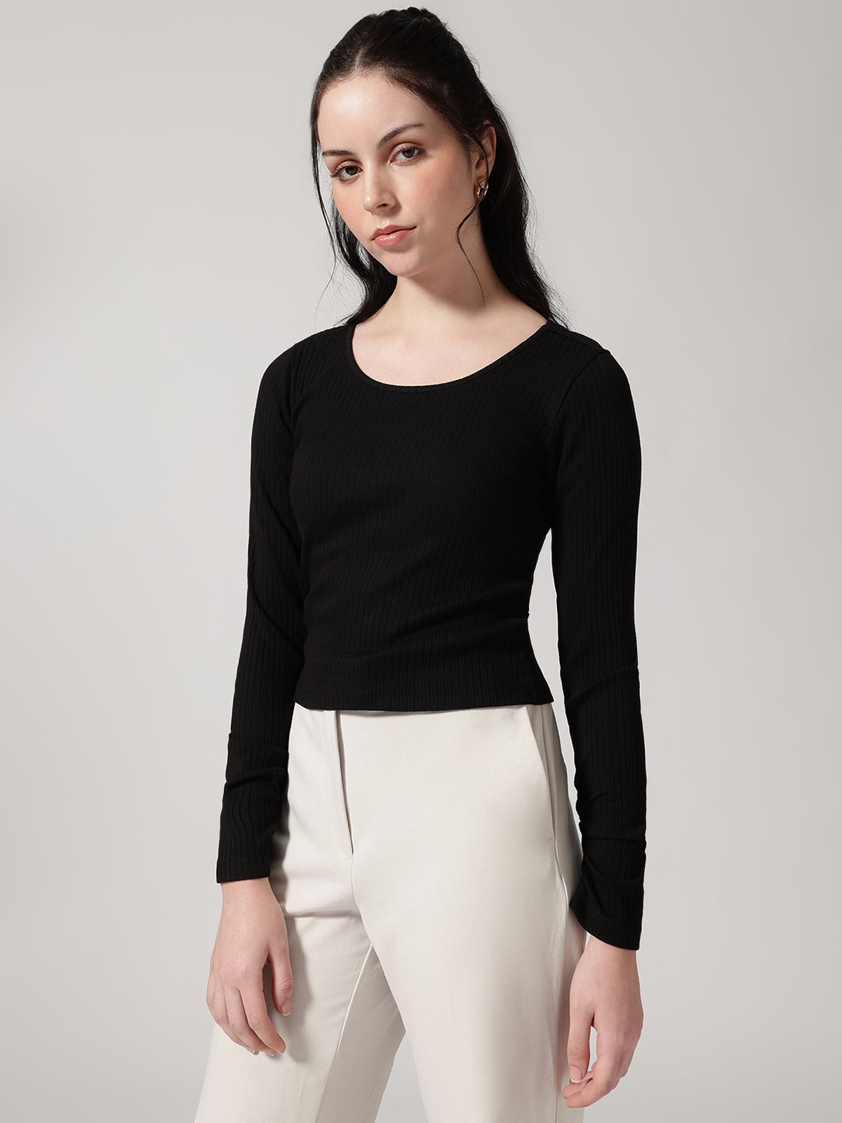 Black Solid Ribbed T-Shirt