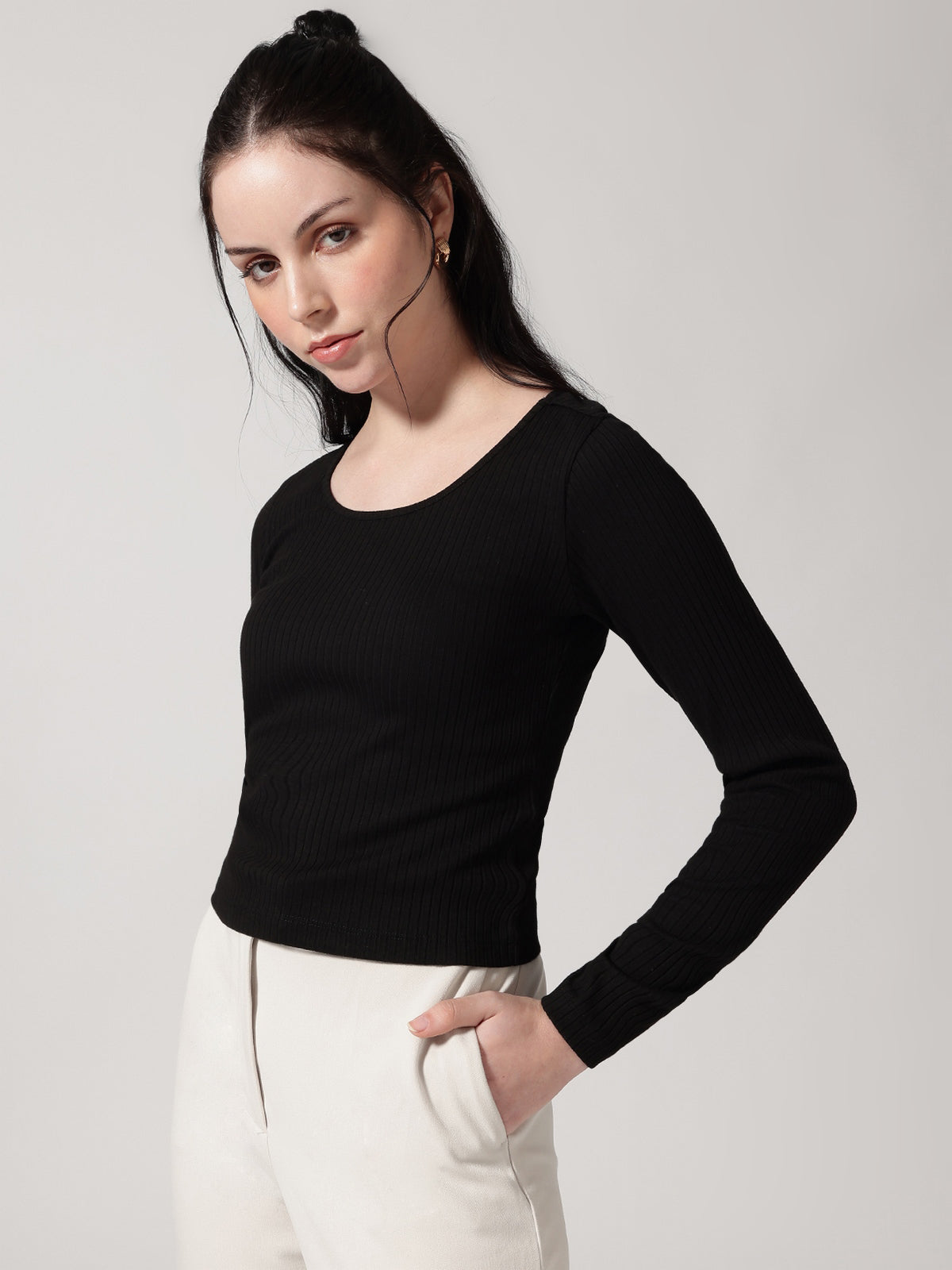 Black Solid Ribbed T-Shirt