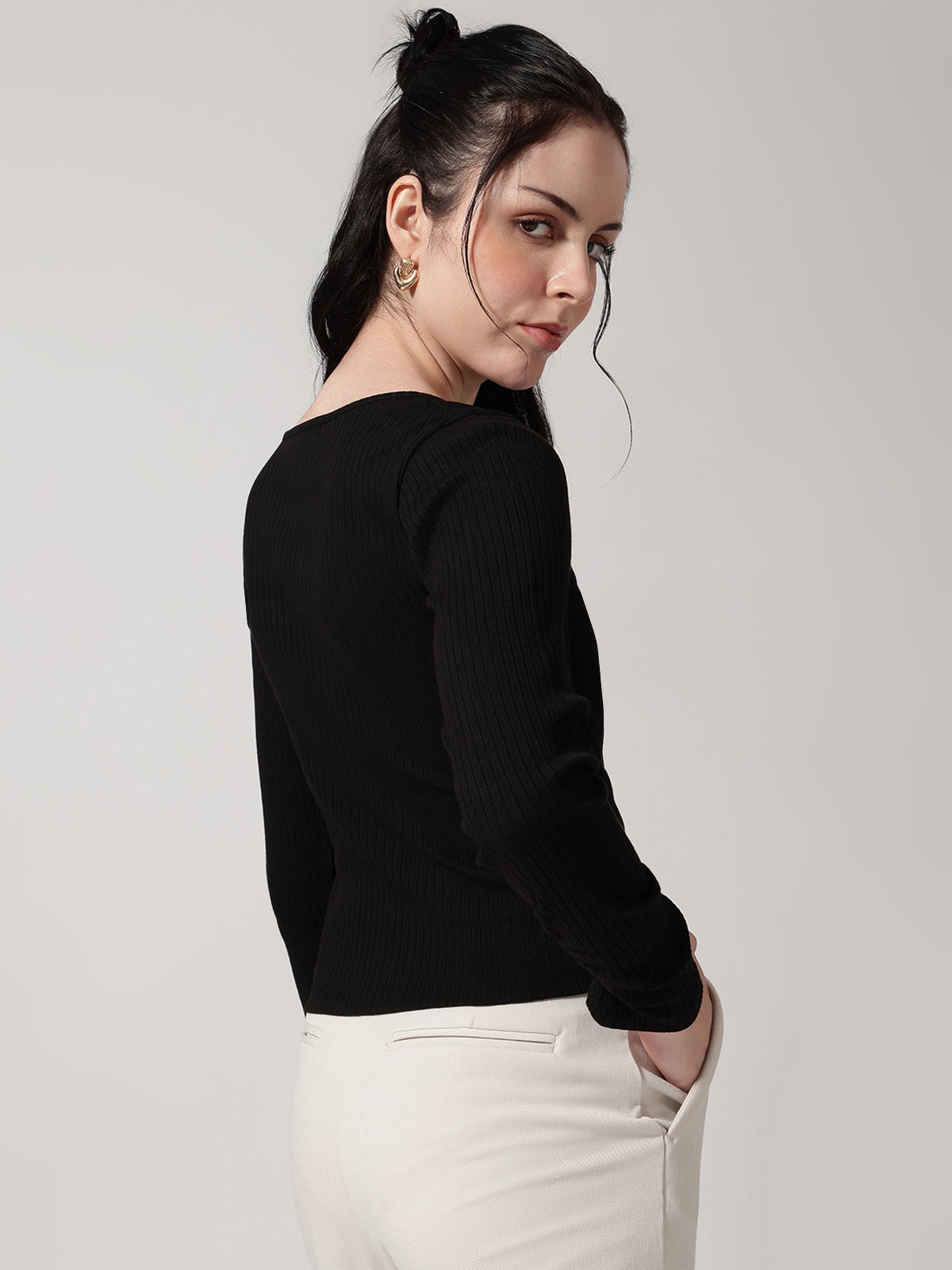 Black Solid Ribbed T-Shirt