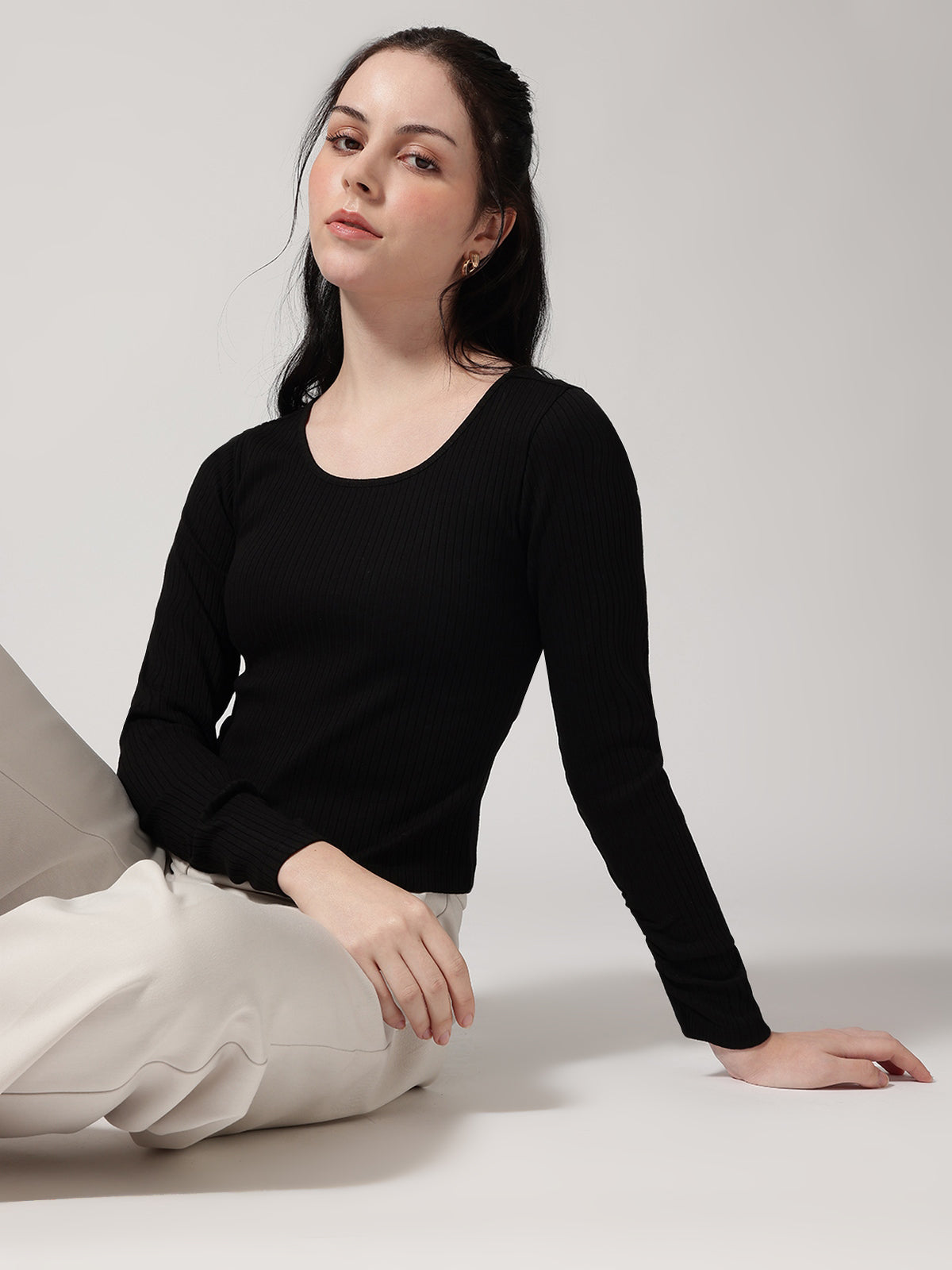 Black Solid Ribbed T-Shirt