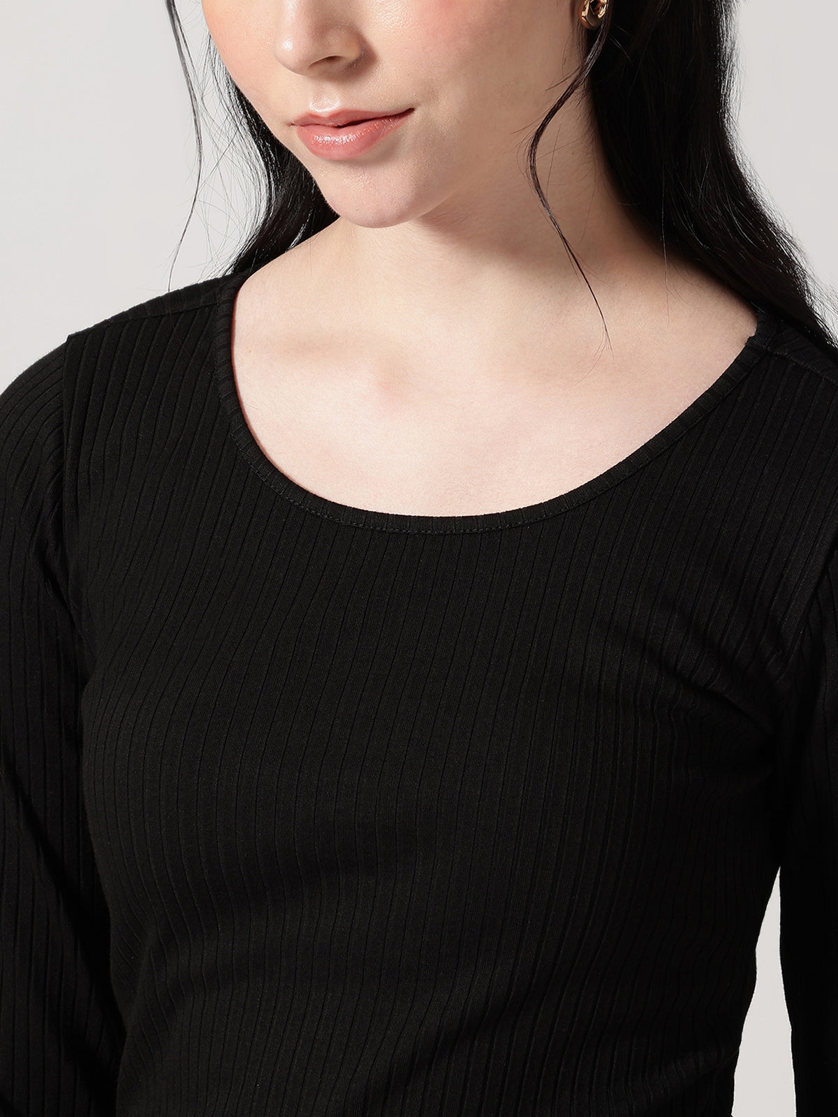 Black Solid Ribbed T-Shirt