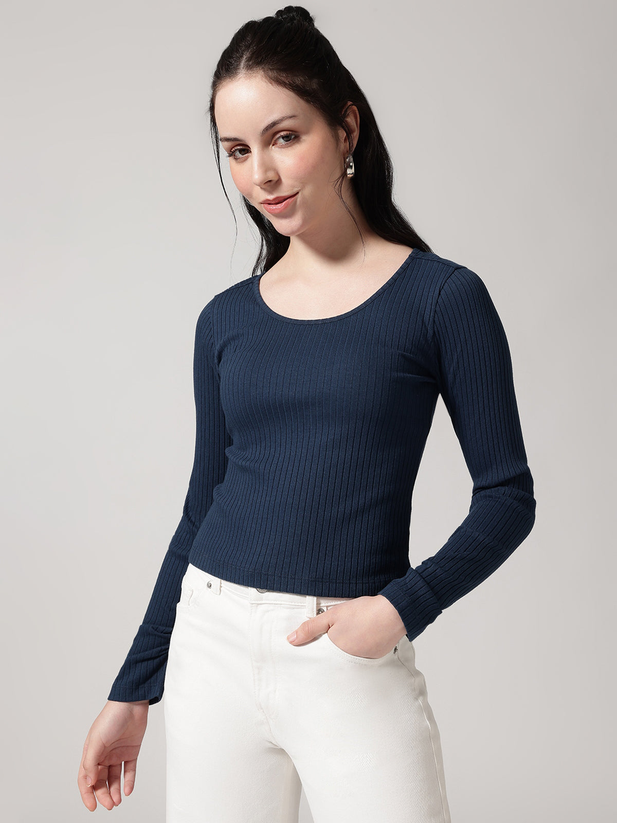 Blue Solid Ribbed T-Shirt