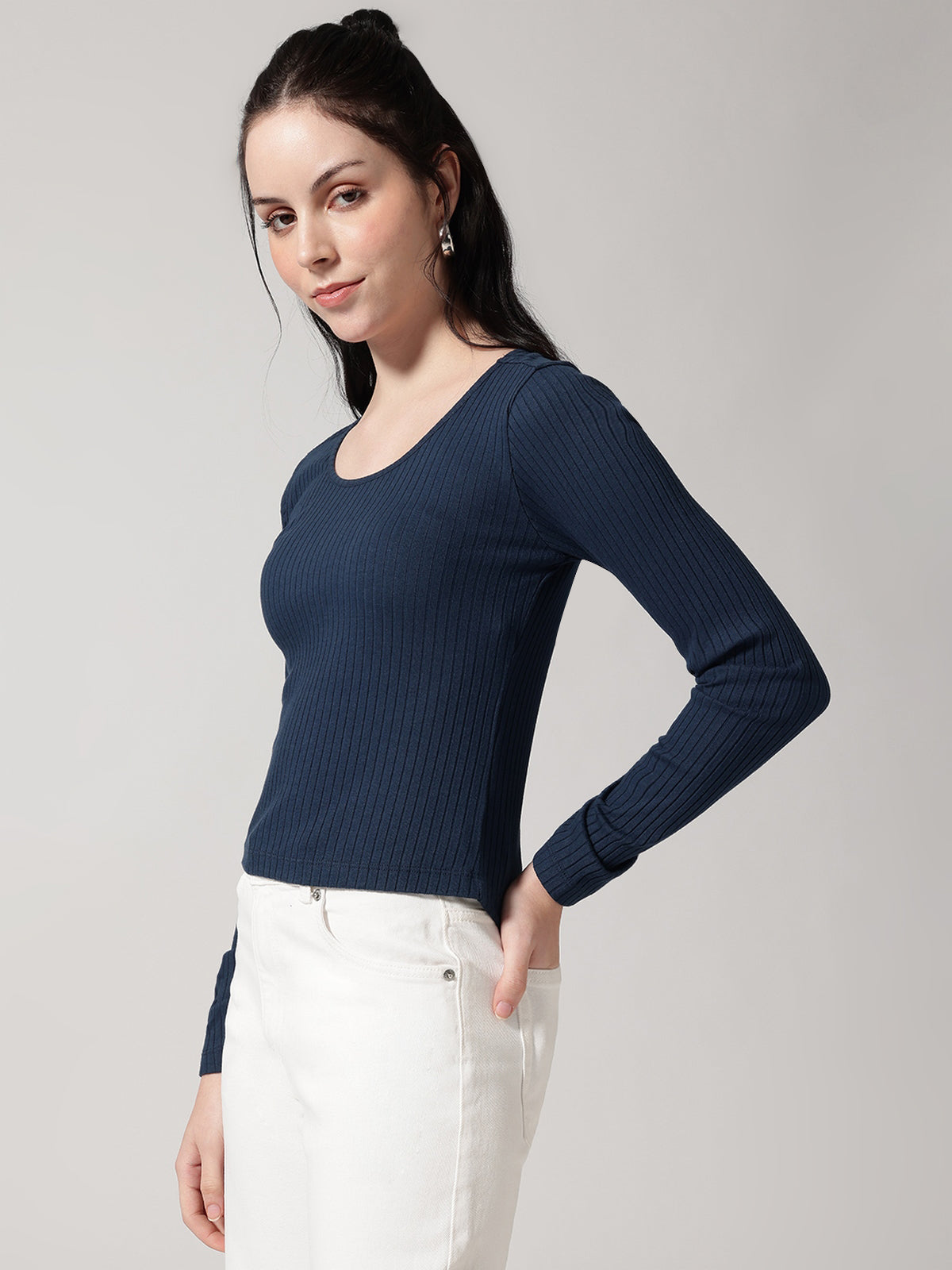 Blue Solid Ribbed T-Shirt