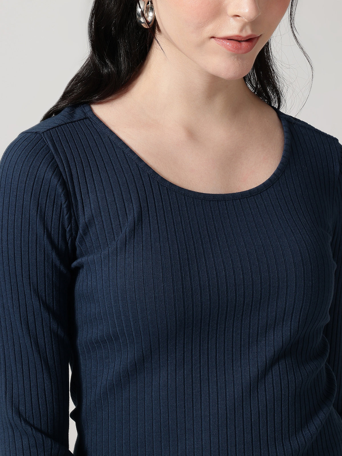 Blue Solid Ribbed T-Shirt