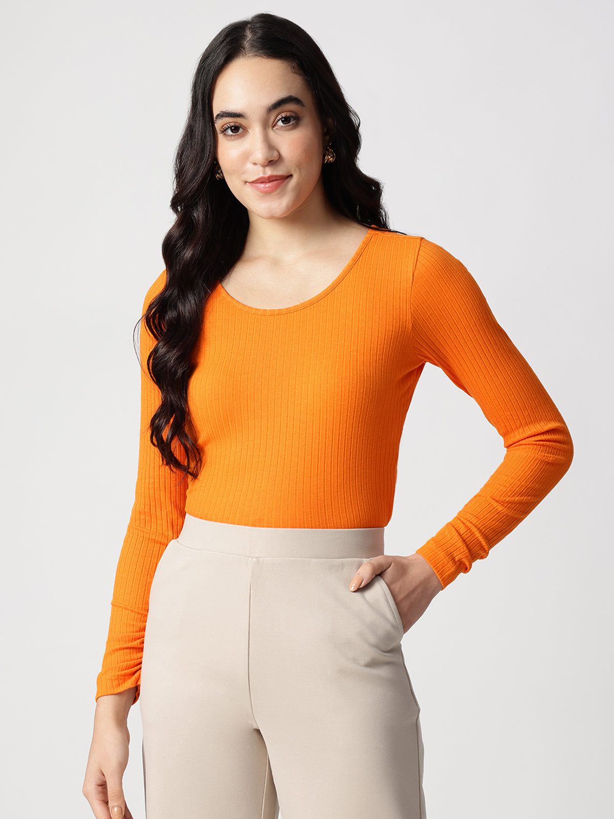 Orange Round Neck Fitted Top