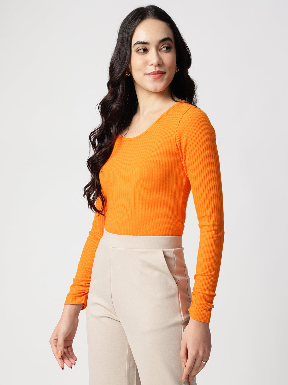 Orange Round Neck Fitted Top