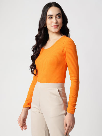 Orange Round Neck Fitted Top