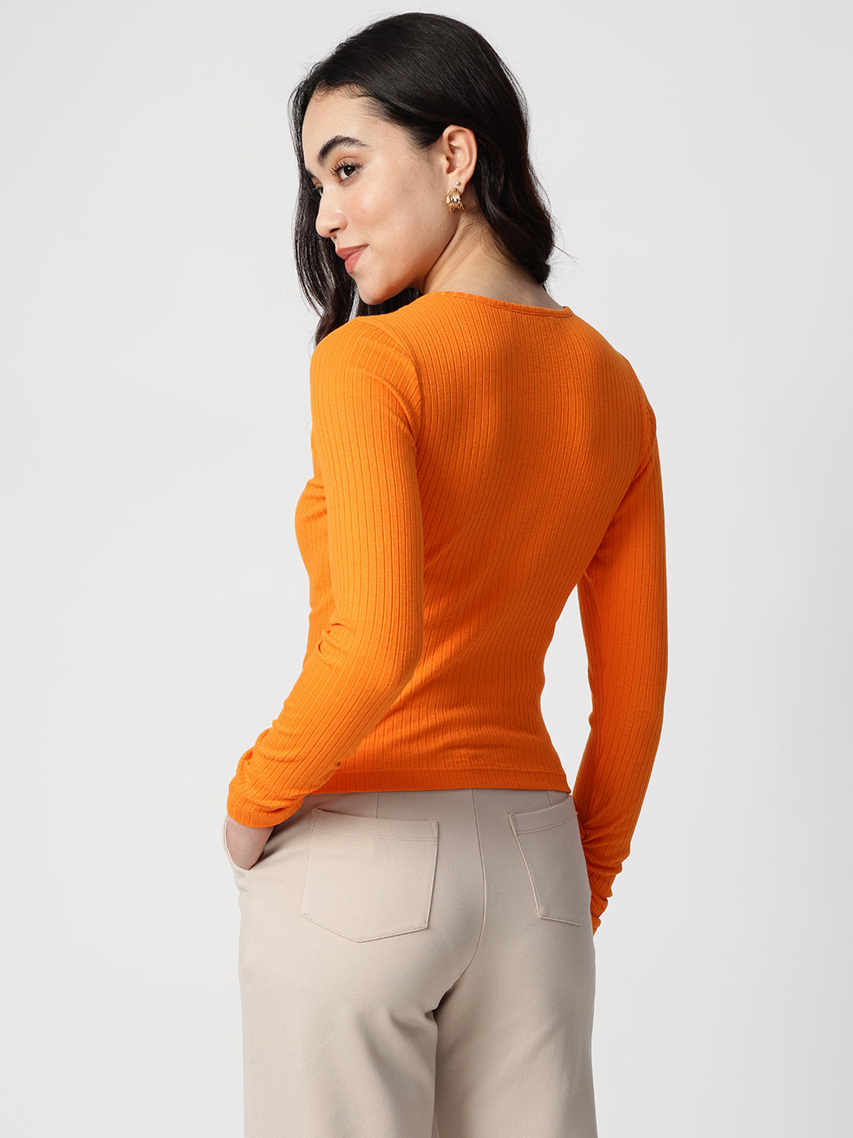 Orange Round Neck Fitted Top