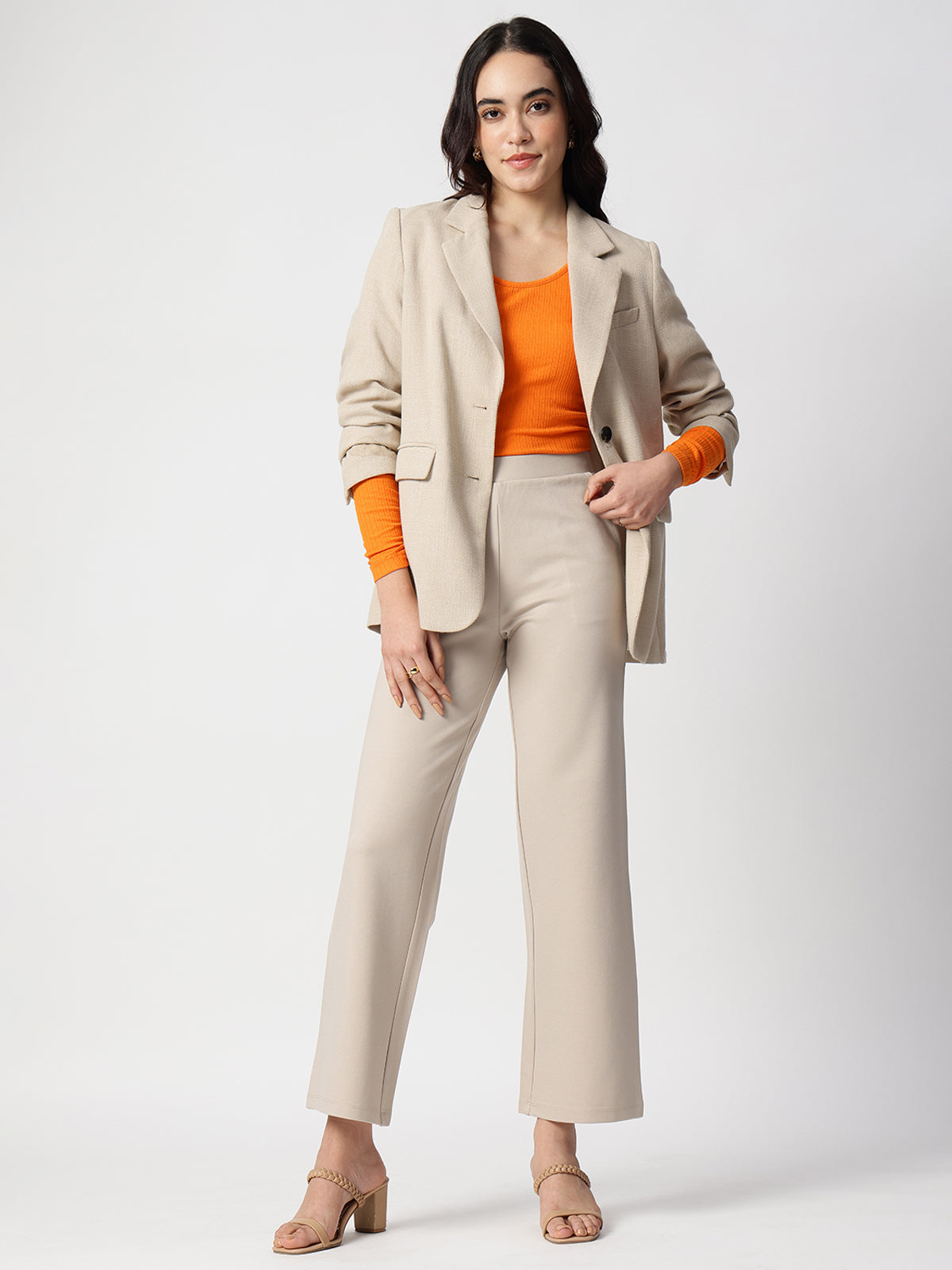 Orange Round Neck Fitted Top