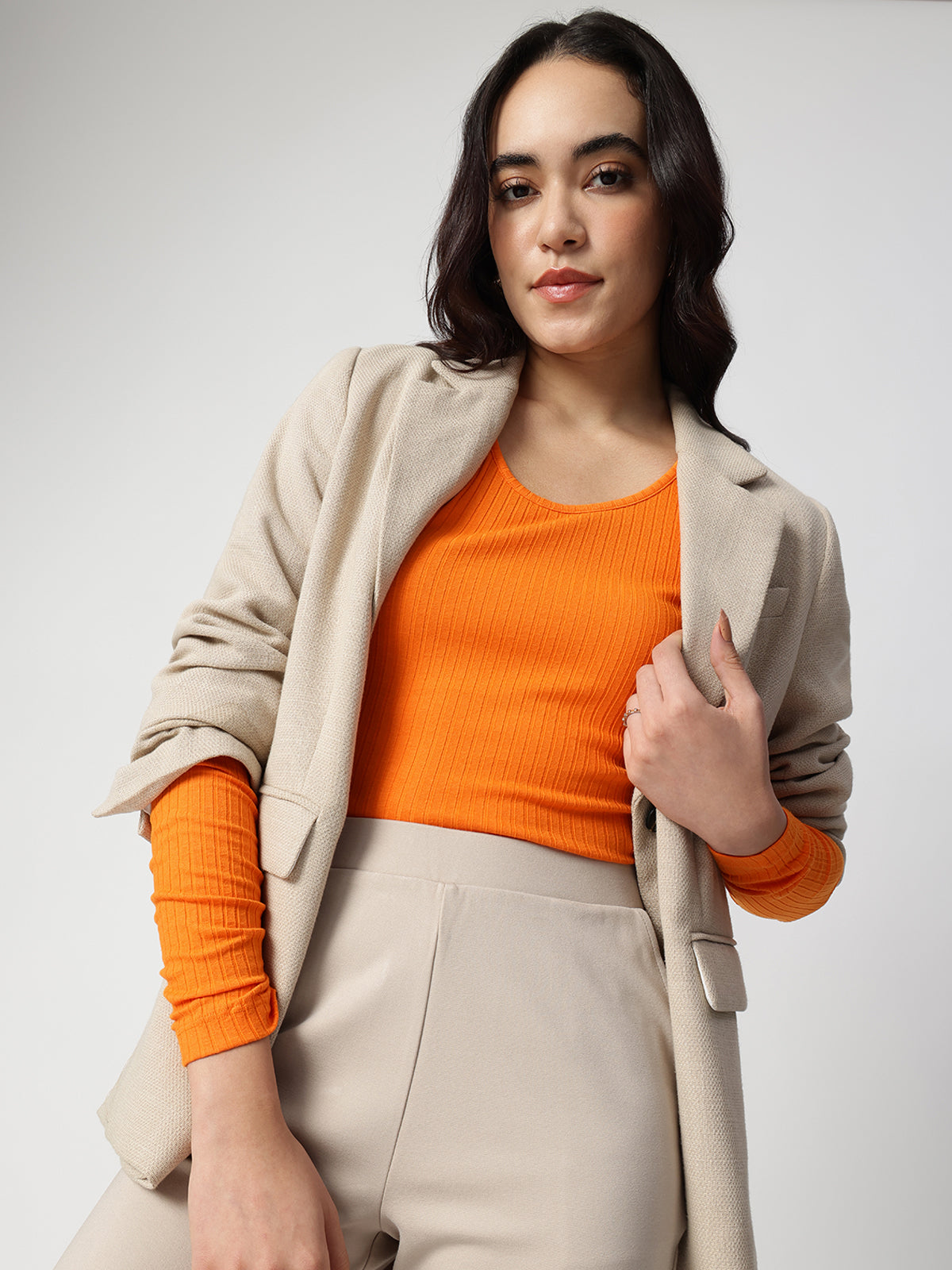 Orange Round Neck Fitted Top
