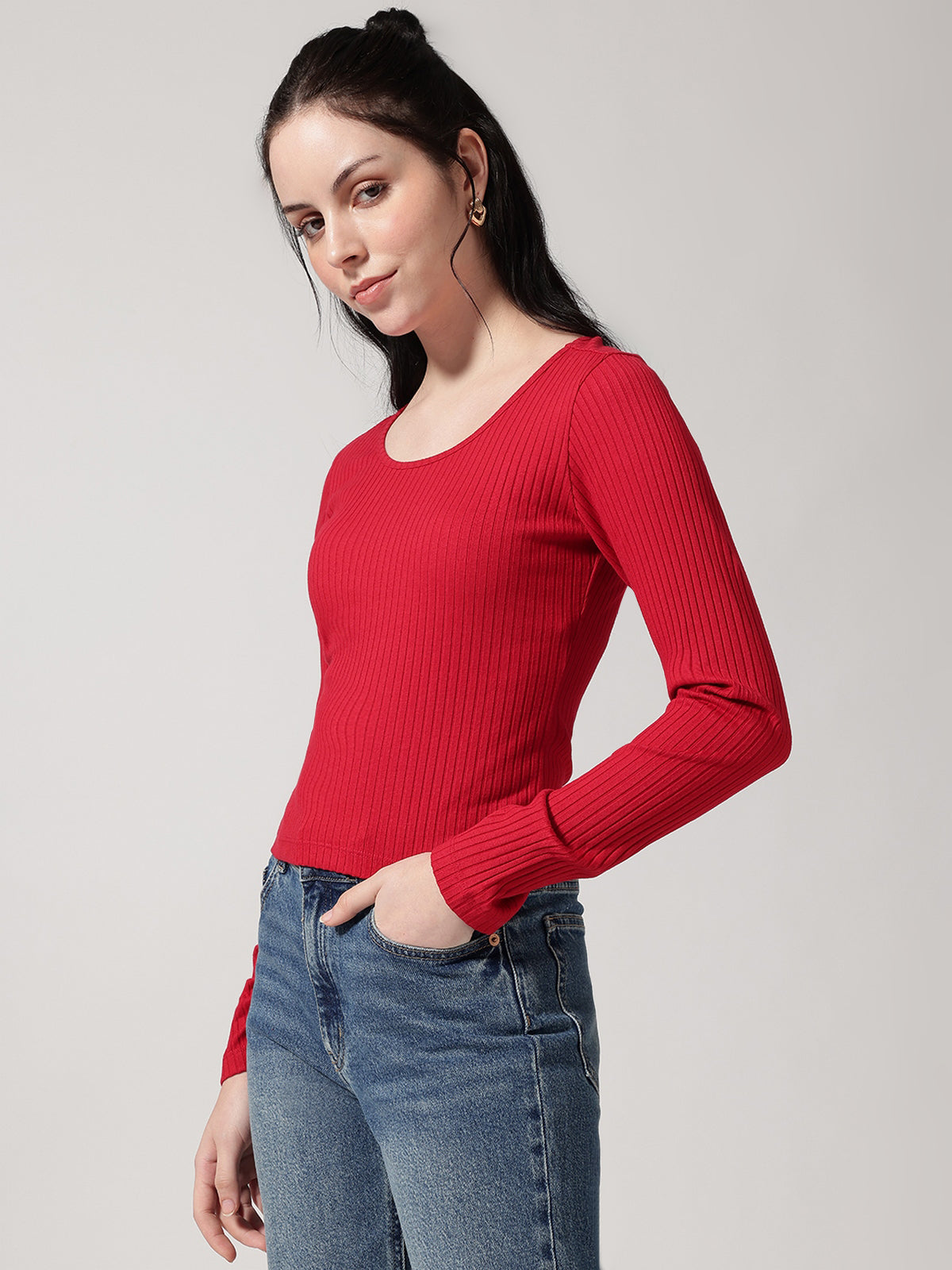 Red Solid Ribbed T-Shirt